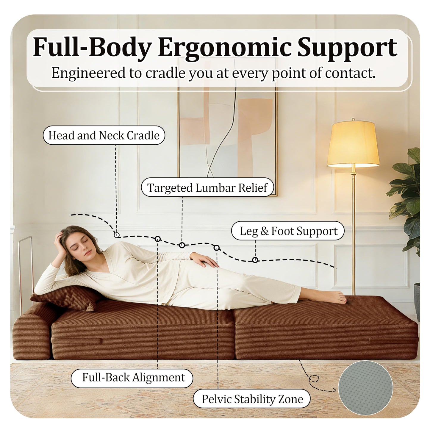 31.5'' Convertible Compressed Corduroy Folding Sofa Bed, Modern Boneless Pull Out Sleeper Sofa Couch in a Box, 3 in 1 Portable Lazy Floor Lounge Chair, No Assembly Needed, Caramel, Pillow, Single