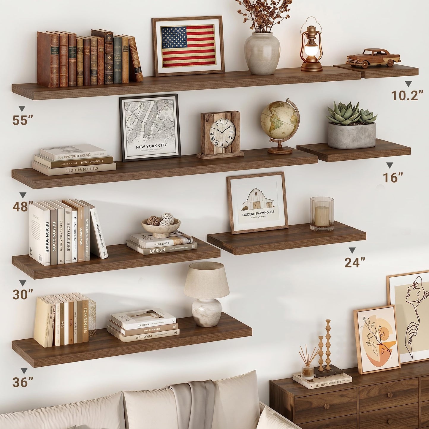Vivelove 10.2 Inches Floating Shelves Wall Mounted, 10" Deep Wall Shelves for Bedroom, Bathroom, Living Room, Kitchen, Office, Home Decor, Modern Shelf, Set of 2, Walnut, 10.2x10.2x1.5