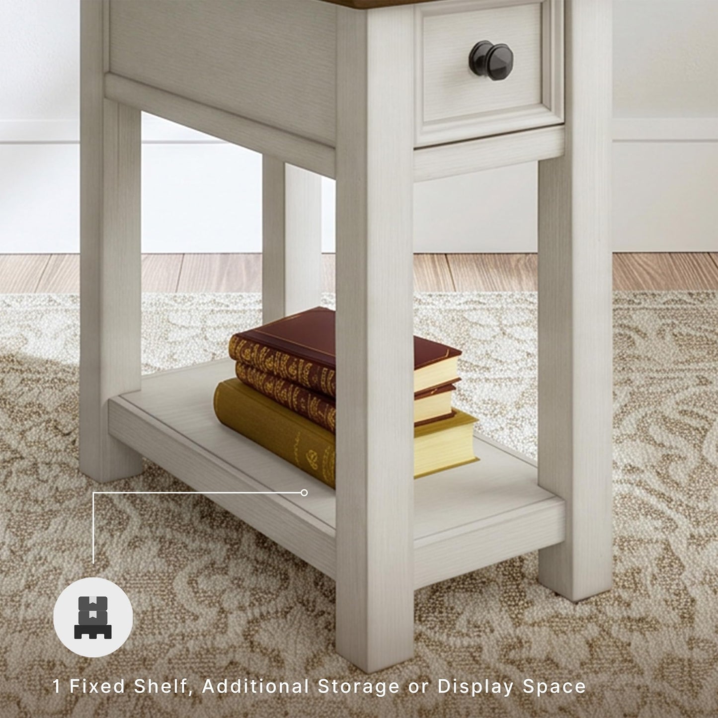 Signature Design by Ashley Bolanburg Chairside End Table With Charging Station, Two-Tone Wood Accent Table With Drawer Storage, Plank Top Design for Living Room or Bedroom, Antique White