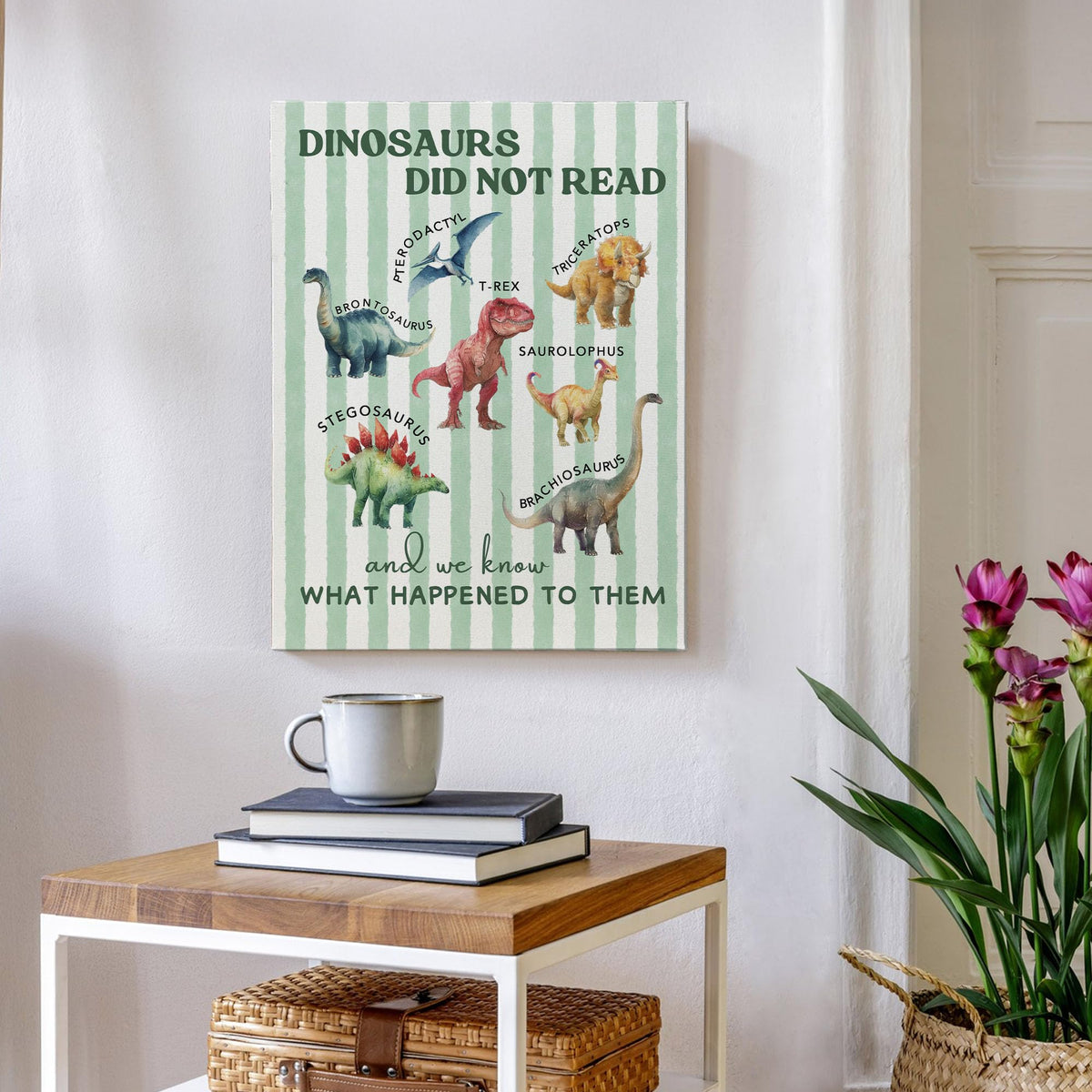 XINCEYWJ Dinosaur Room Wall Decor, Dinosaur Reading Canvas Art Prints Framed, Toddler Boy Room Decor, Dino Artwork Green Dinosaurs Wall Art for Kids Toddler Boy Room Nursery Room, 11x14 In