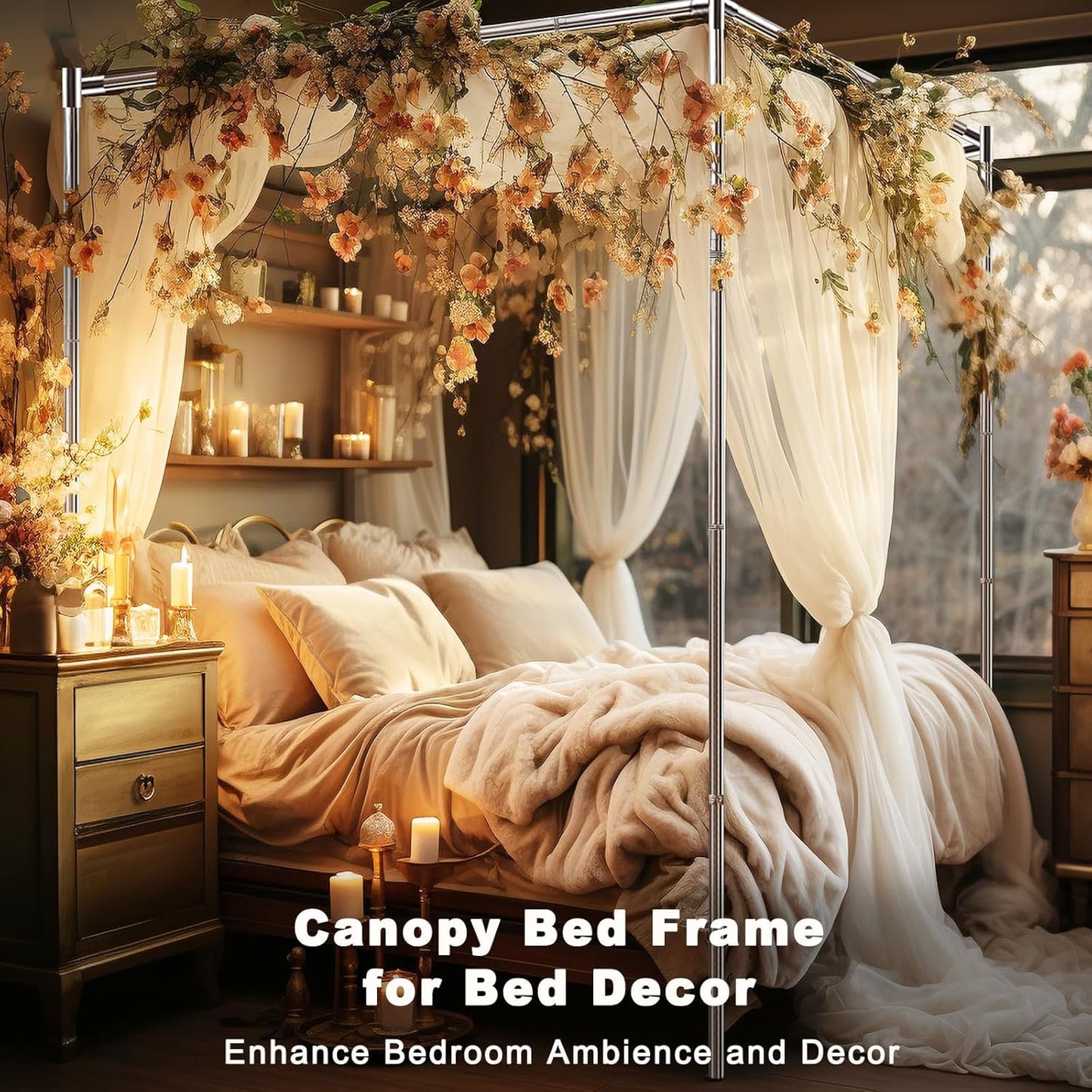 Stainless Steel Canopy Bed Frame Queen Size, Thicken Queen Size Canopy Frame for Metal Bed Wood Bed Bedroom Decor