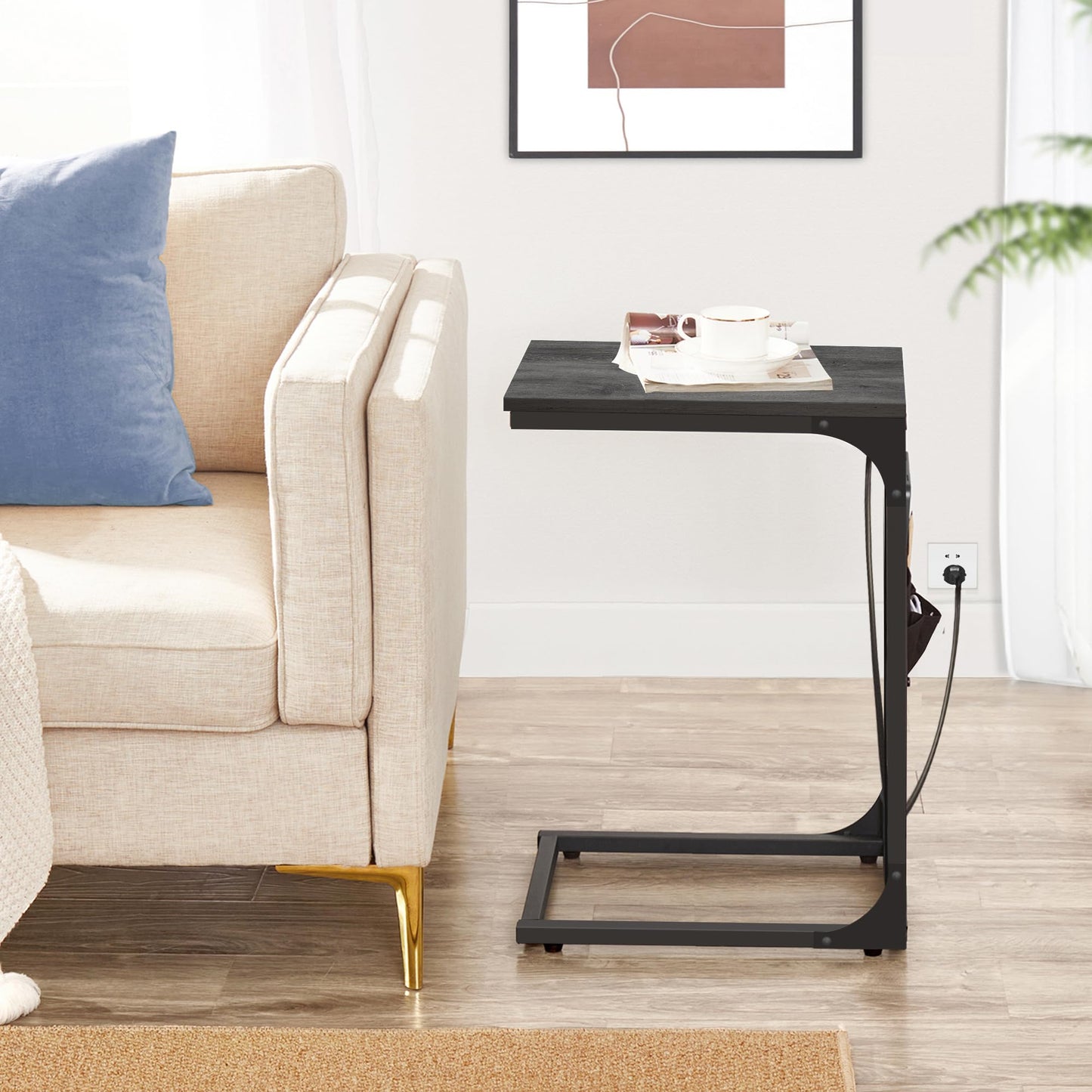 TUTOTAK C Shaped End Table with Charging Station, Side Table for Sofa, Couch Table with Storage Bag, TV Tray Table with 2 USB Ports and Outlets for Living Room, Bedroom, TB01BY024