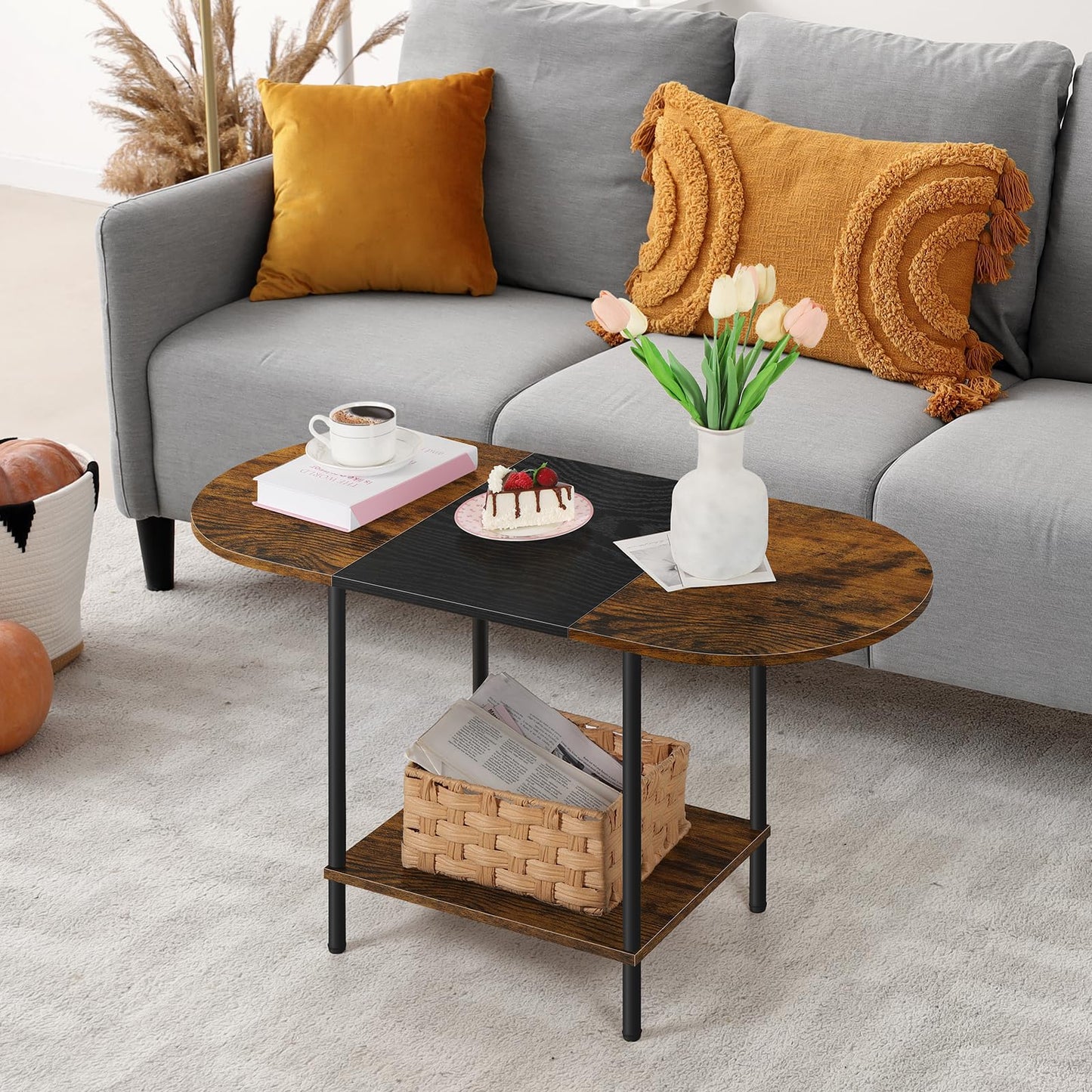 OYEAL Small Round Coffee Table for Living Room Farmhouse Oval Center Table Circular Coffee Table with 2-Layer Storage and Opening Shelf for Display,Small Space,Home Office,Black & Brown