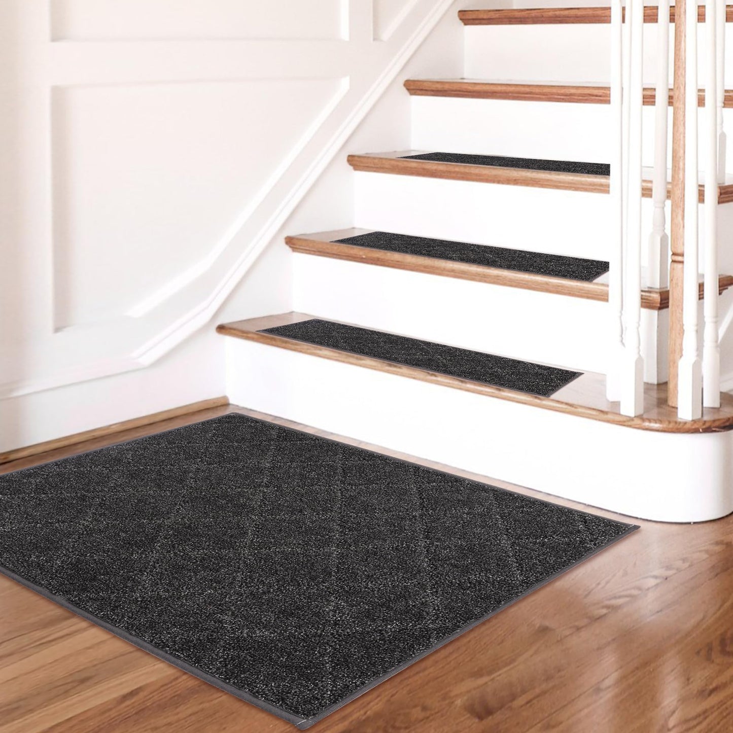 COSY HOMEER Edging Stair Treads Non-Slip Corner Indoor Stair Runners for Wooden Steps,Landing Slip Resistant Stair Rugs for Kids and Dogs, 100% Polyester TPE Backing,Black,20"X32"