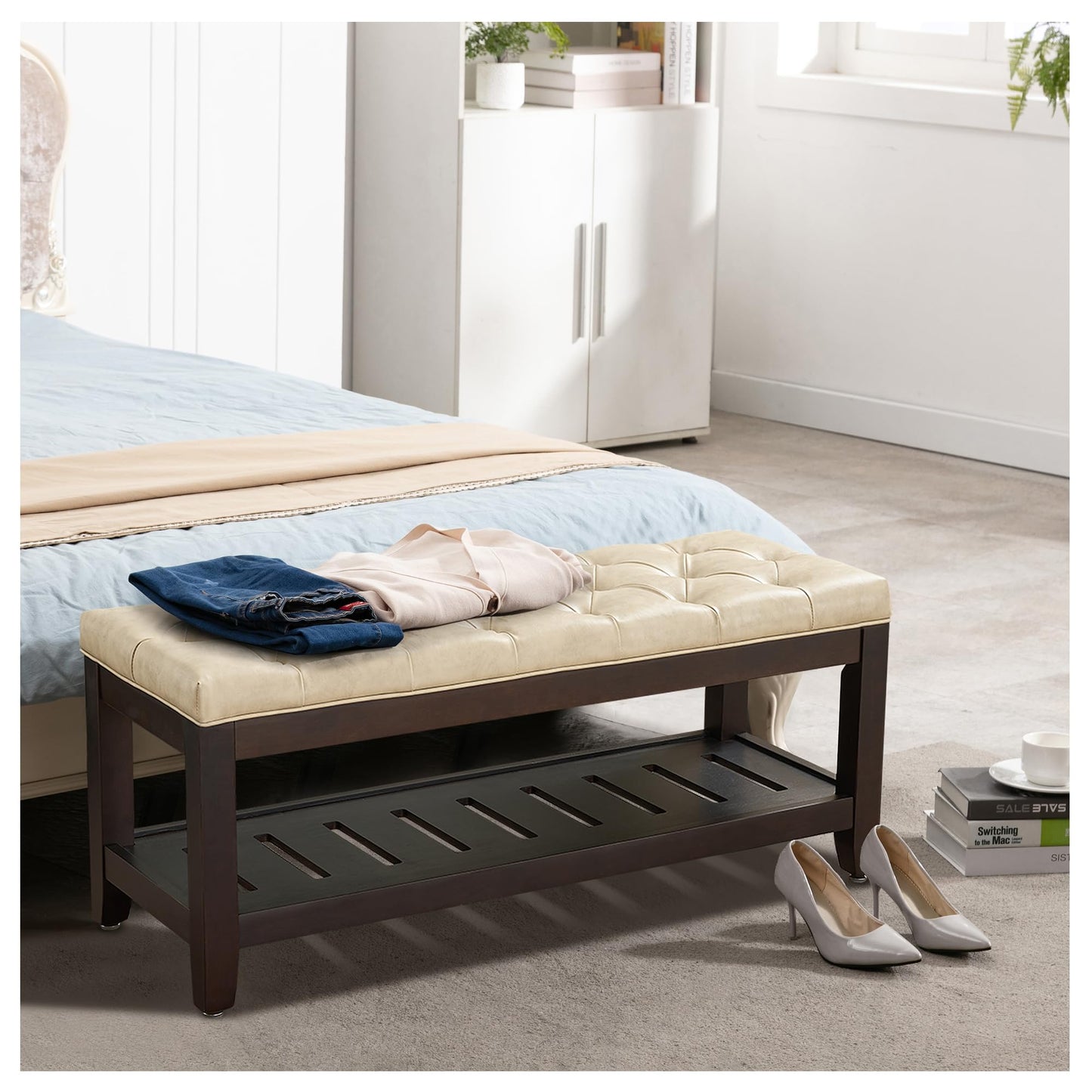 UDAX 44" Entryway Bench with Shoe Storage, End of Bed Bench, Upholstered Ottoman Storage, 500 LBS Capacity for Entryway, Living Room, Hallway