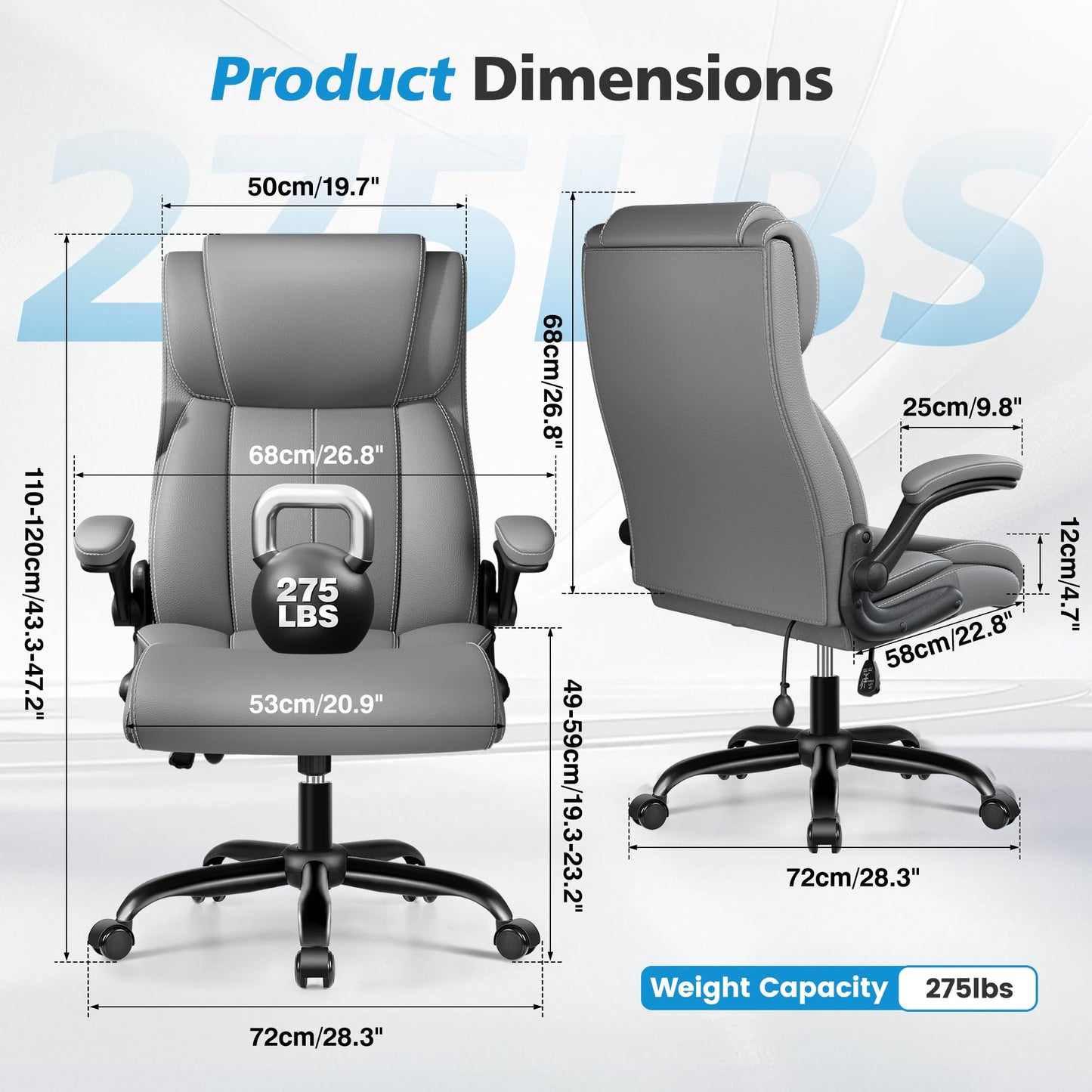 Stella Mia Ergonomic Office Chair – High Back Computer Desk Chair with Inflatable Lumbar Support & Flip-Up Arms, Heavy Duty PU Leather Executive Chair, Wide Seat, Long Hours, Light Gray
