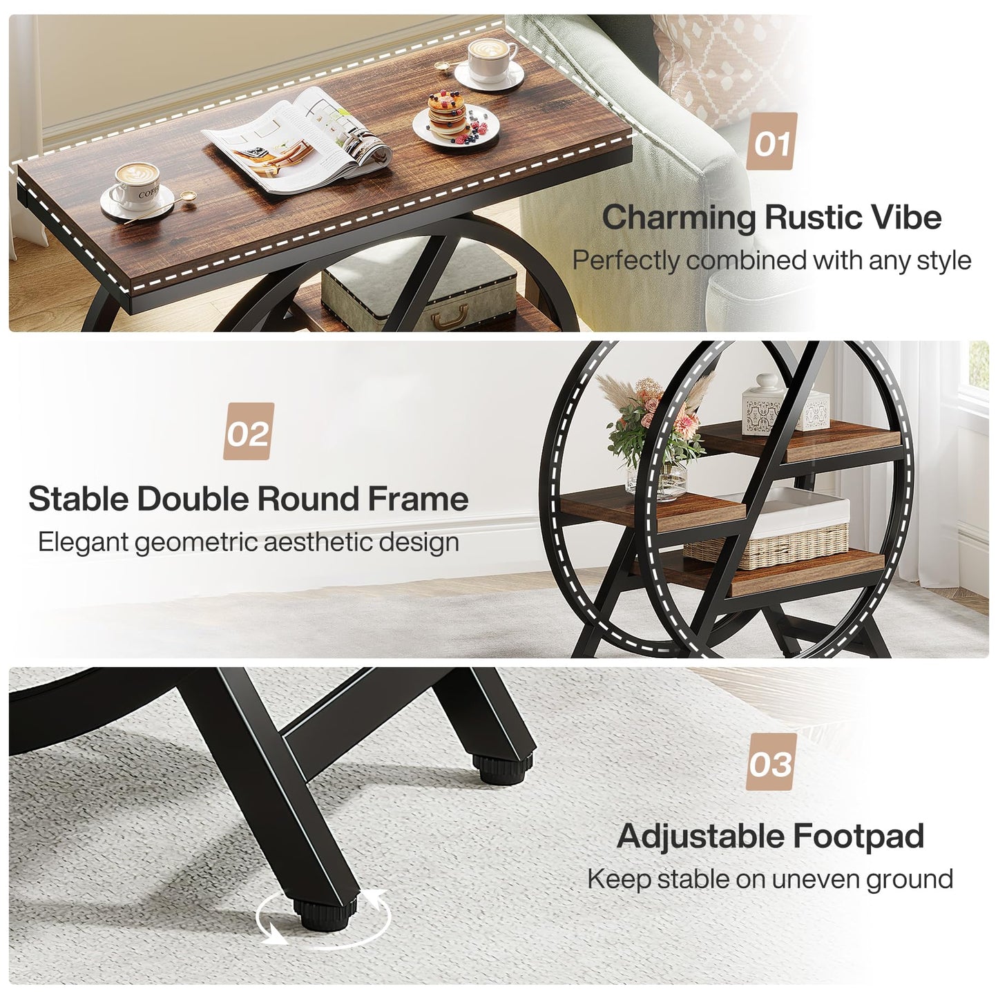 Tribesigns End Table for Living Room, 3-Tier Narrow Side Table with Storage, Wood Sofa Side Table with Geometric Metal Frame, Industrial Nightstand and Bedside Table for Bedroom