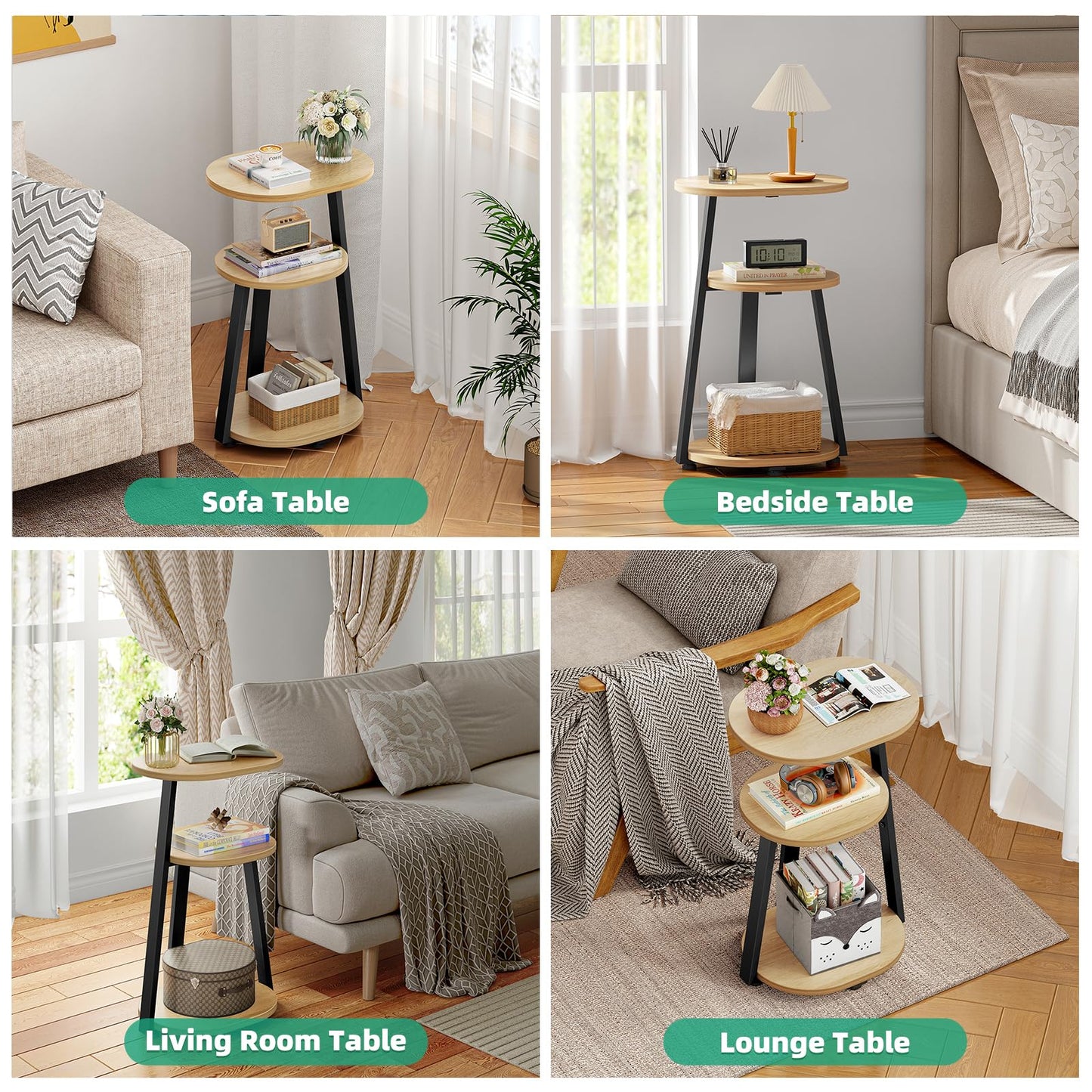 Kalrin Side Table, Small End Table with Metal Frame, 3-Tier Bedside Tables, Round Side Tables for Living Room Bedroom Couch Bathroom, Oval, Modern Oak