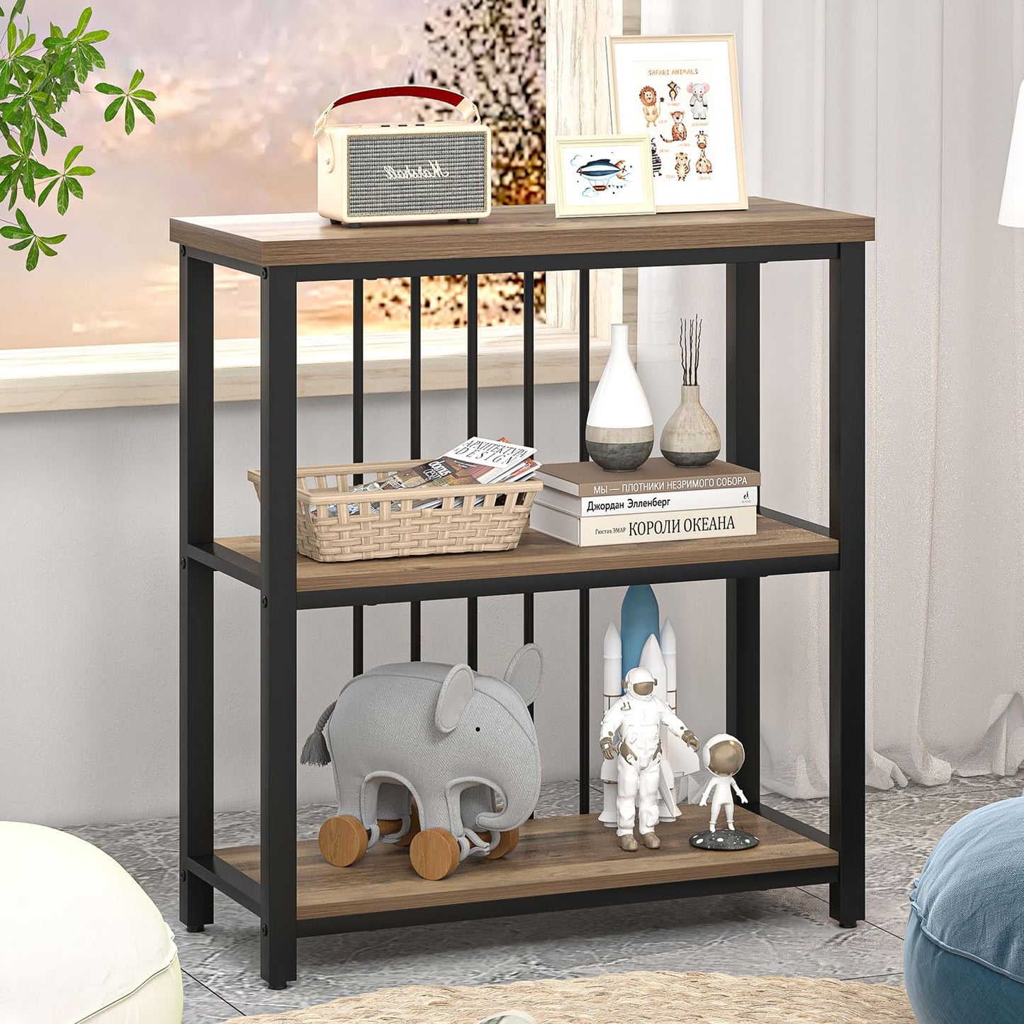 FOLUBAN Small Bookshelf and Bookcase, 3 Tier Open Book Shelf, Modern Metal and Wood Shelving Unit for Living Room Bedroom, Oak