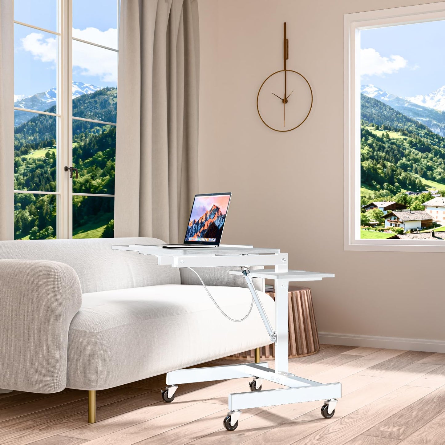 FULOOPHI Mobile Standing Desk with Wheels, Height Adjustable Laptop Table, 27.56 Inch Portable Ergonomic Workstation with Locking Casters & Tilting Top, White
