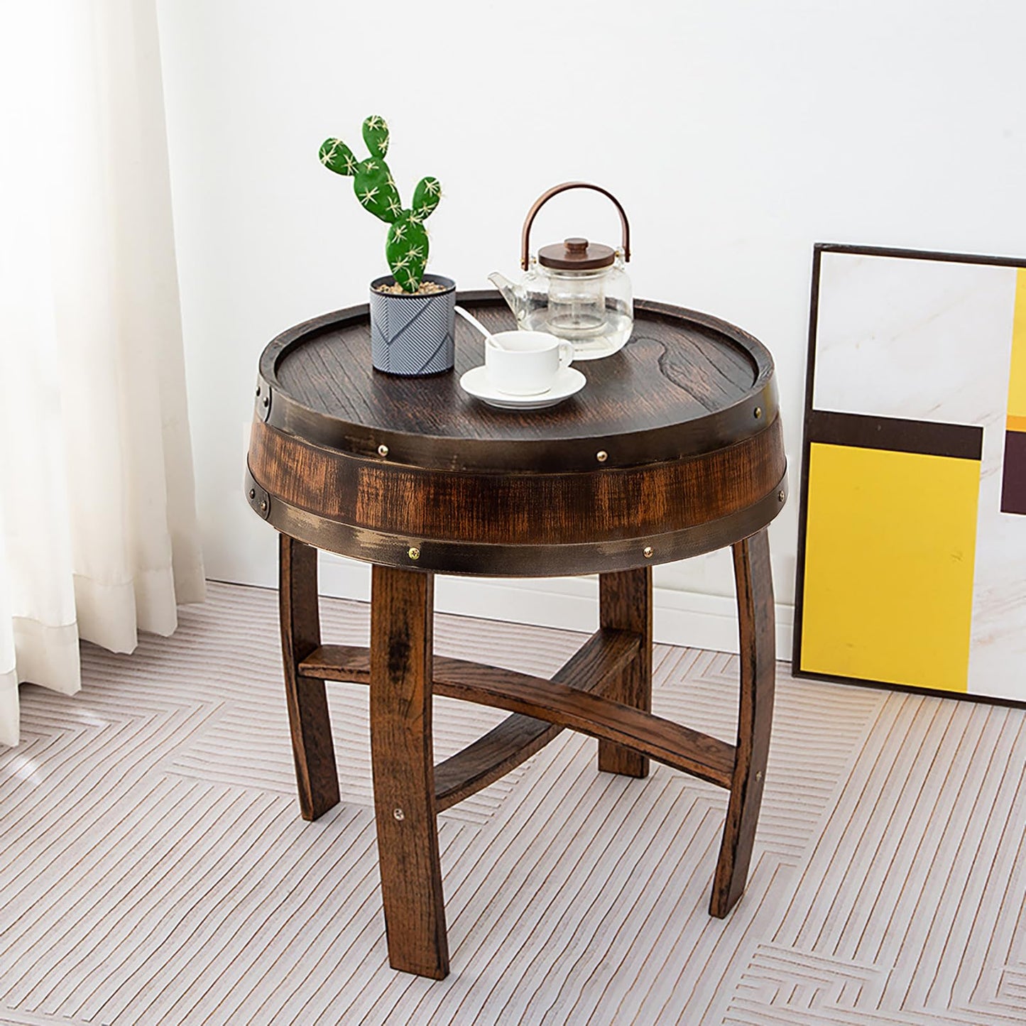 peilouw Farmhouse Whiskey Barrel End Table,Round Wood Barrel Side Table,Rusitc Wine Barrel Bourbon Barrel Coffee Table Handcrafted Oak Barrel Decor Furniture