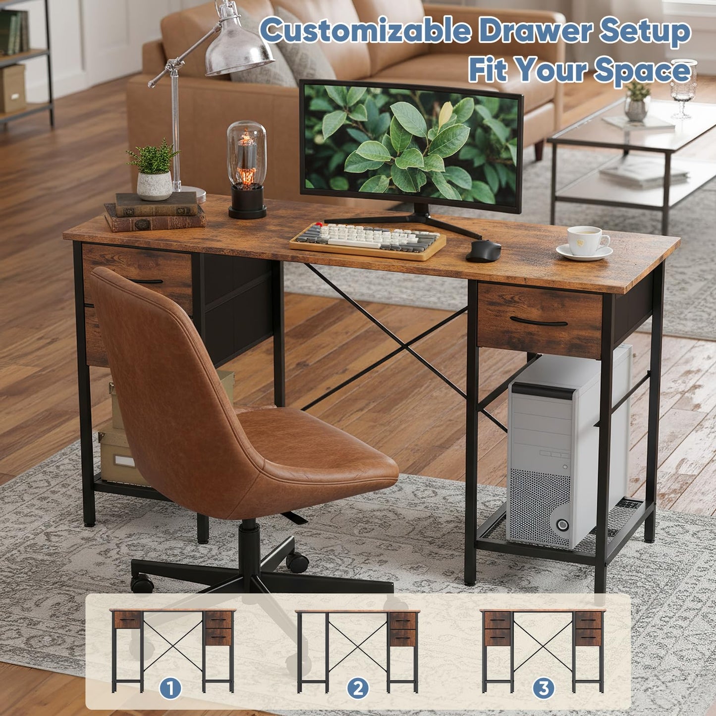 Sweetcrispy Computer Desk with Drawers 55 Inch Home Office Bedroom Table 4 Fabric Drawers 2 Mesh Storage Shelves Wood X-Shaped Writing Study PC Desk Workspace Side Hook Metal Frame Organizer Brown
