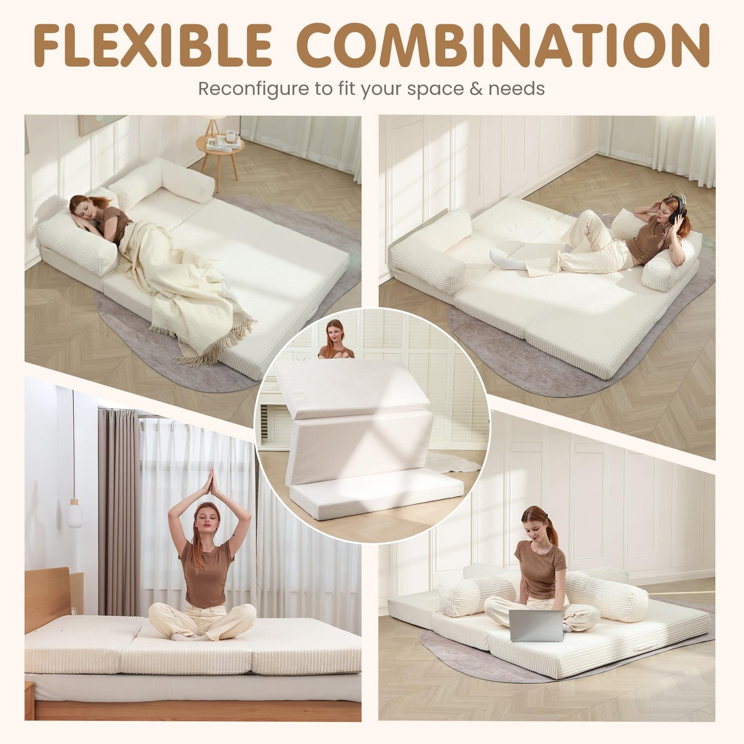 NLDD Convertible Sofa Bed King,5-in-1 Folding Boneless Couch Corduroy Futon Sofa Bed,Tri-Fold Mattress with Removable Armrests & Handle,Sleeper with Pull Out Bed for Small Space Living Room Bedroom