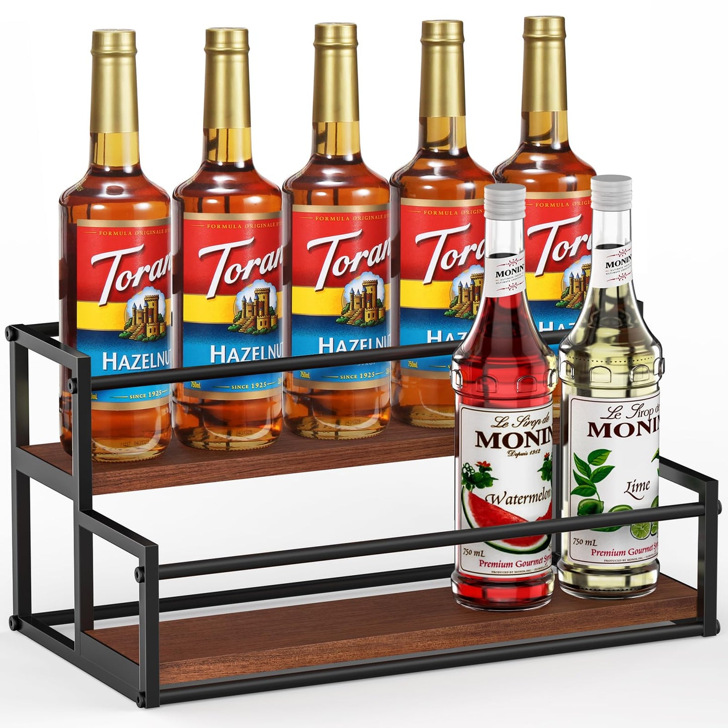 THYGIFTREE Coffee Syrup Rack Organizer 2-Tier 10 Syrup Bottles Holder Stand Metal with Wood Base for Coffee Bar Storage Shelves for Kitchen Countertop Matte Black