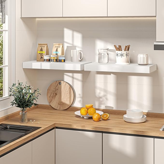 32Inch White Floating Shelves for Wall, 12 Inch Deep Shelves for Bedroom