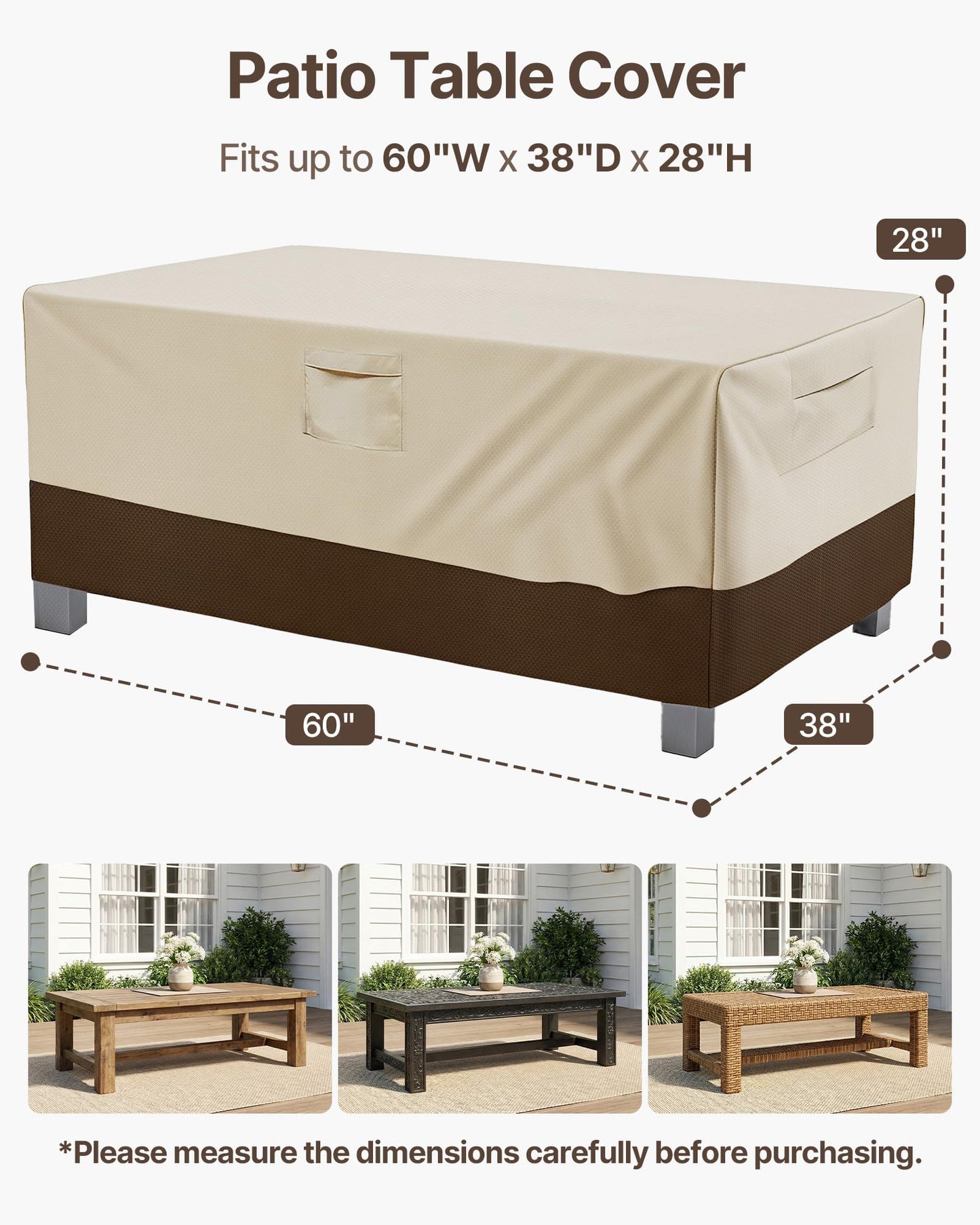 Vailge Rectangular/Oval Patio Table Cover, Heavy Duty and Waterproof Outdoor Lawn Patio Furniture Covers (Beige&brown, 60"Lx38"Wx28"H)
