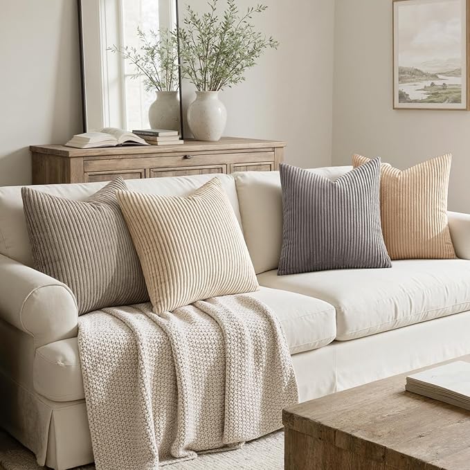 MIULEE Boho Farmhouse Neutral Cream Throw Pillow Covers 18x18 Inch Set of 4