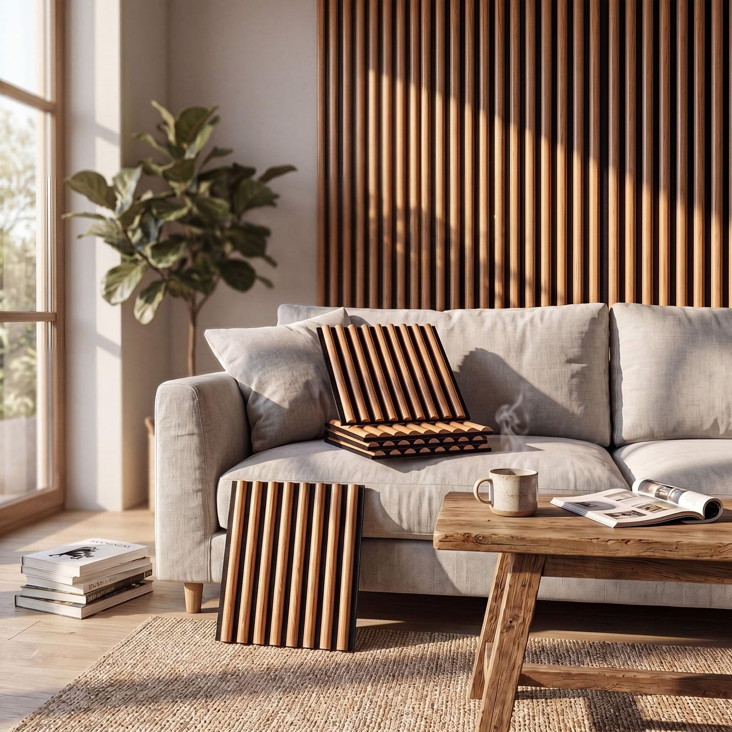 Nuanchu 4 Piece 12.6x11.81“ Wood Slat Acoustic Panels Walnut Semicircle Soundproofing Fluted Wall Panels 3D Decorative Acoustic Wallpaper for Ceiling School Classroom Home Living Room Bedroom