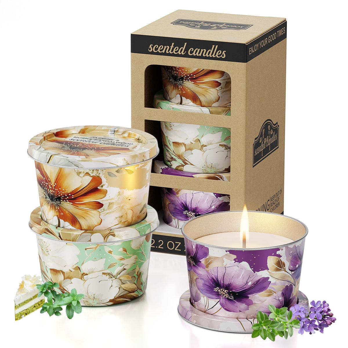 3 Pack Scented Candles-Lavender & Thyme, Vanilla Cake, Jasmine & Musk & Sandalwood, Travel Tin Candle Set, 2.2oz Each, 8-10h Burn Time, Soy Wax, Cotton Wick
