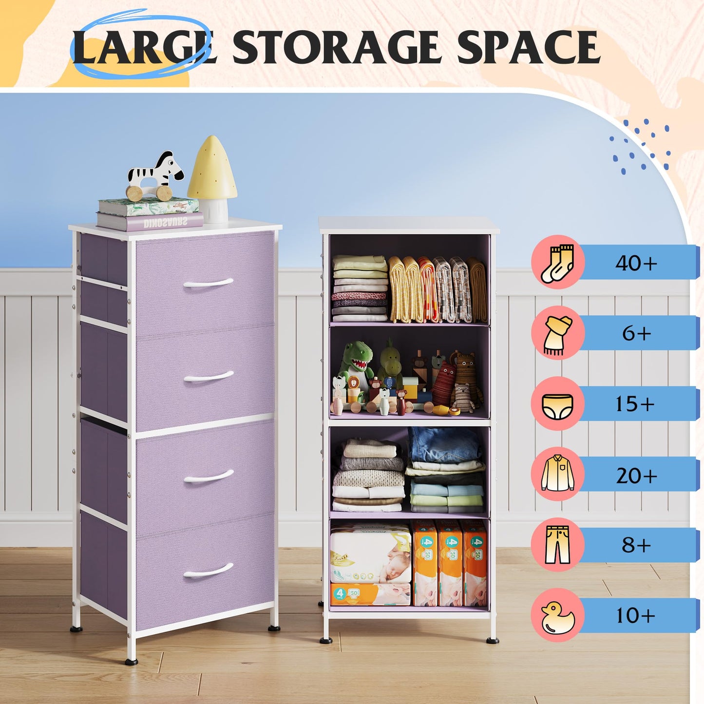 WLIVE Dresser with 4 Drawers, Storage Tower, Organizer Unit, Fabric Dresser for Bedroom, Hallway, Entryway, Closets, Sturdy Steel Frame, Wood Top, Easy Pull Handle, Purple