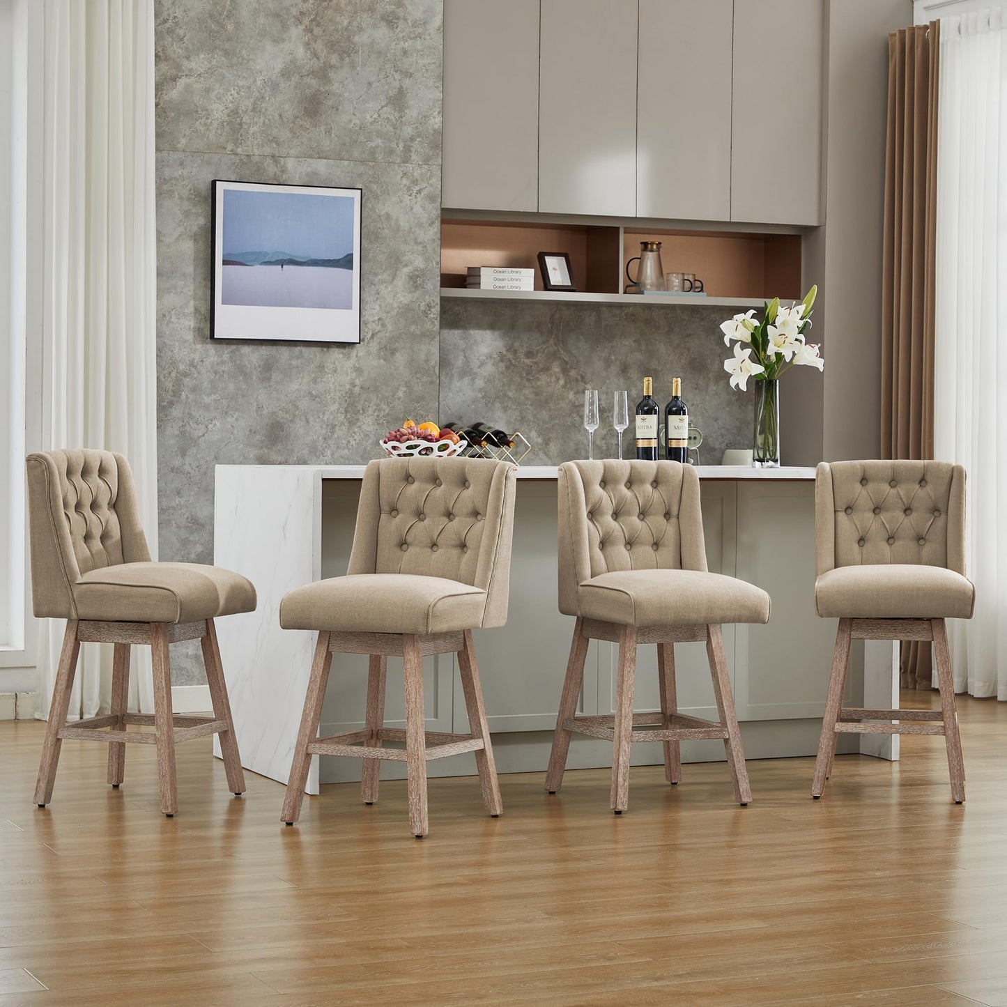 UDAX 26" Swivel Bar Stools Set of 4, Counter Height Barstools with Back, Linen Fabric Upholstered Bar Stools, Modern Barstools Wood Legs for Kitchen Island Dining Room Bar (Brown, 4PCS-26in)