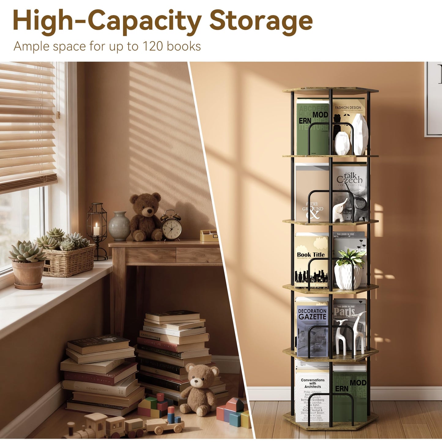 SUNMORY 5 Tier Rotating Bookshelf Tower, Revolving 360 ° Spinning Bookcase, Hexagonal Corner Book Shelf Storage Carousel, Vertical Rotate Turning Organizer Book Shelves for Living Room Office Bedroom