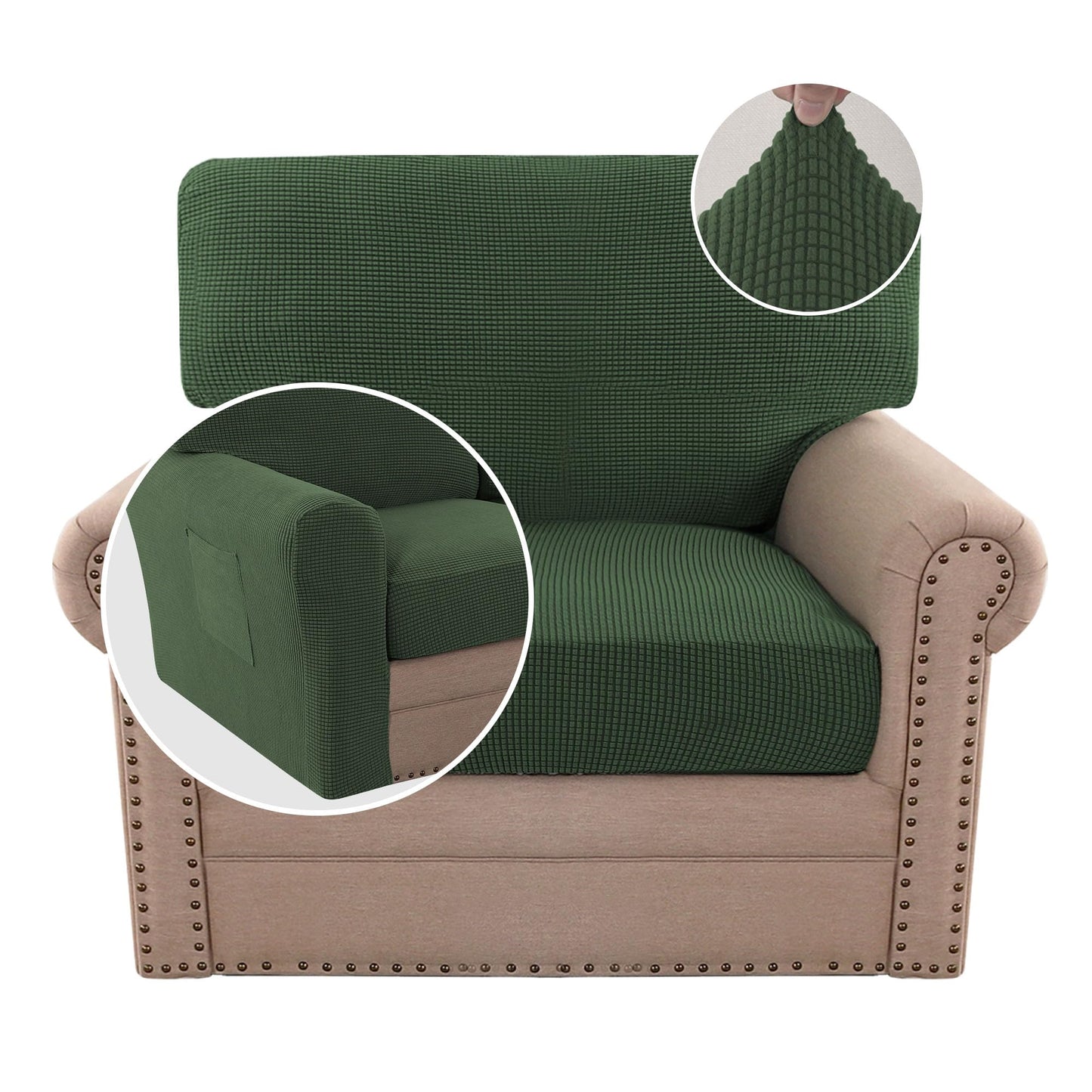 H.VERSAILTEX Multi-Pieces Chair Covers Stretch Couch Covers Form Fitted Seat and Back Cushions Covers (1 Seat Cover Plus 1 Back Cusion Cover, Bonus 2 Armrest Covers), Bronze Green