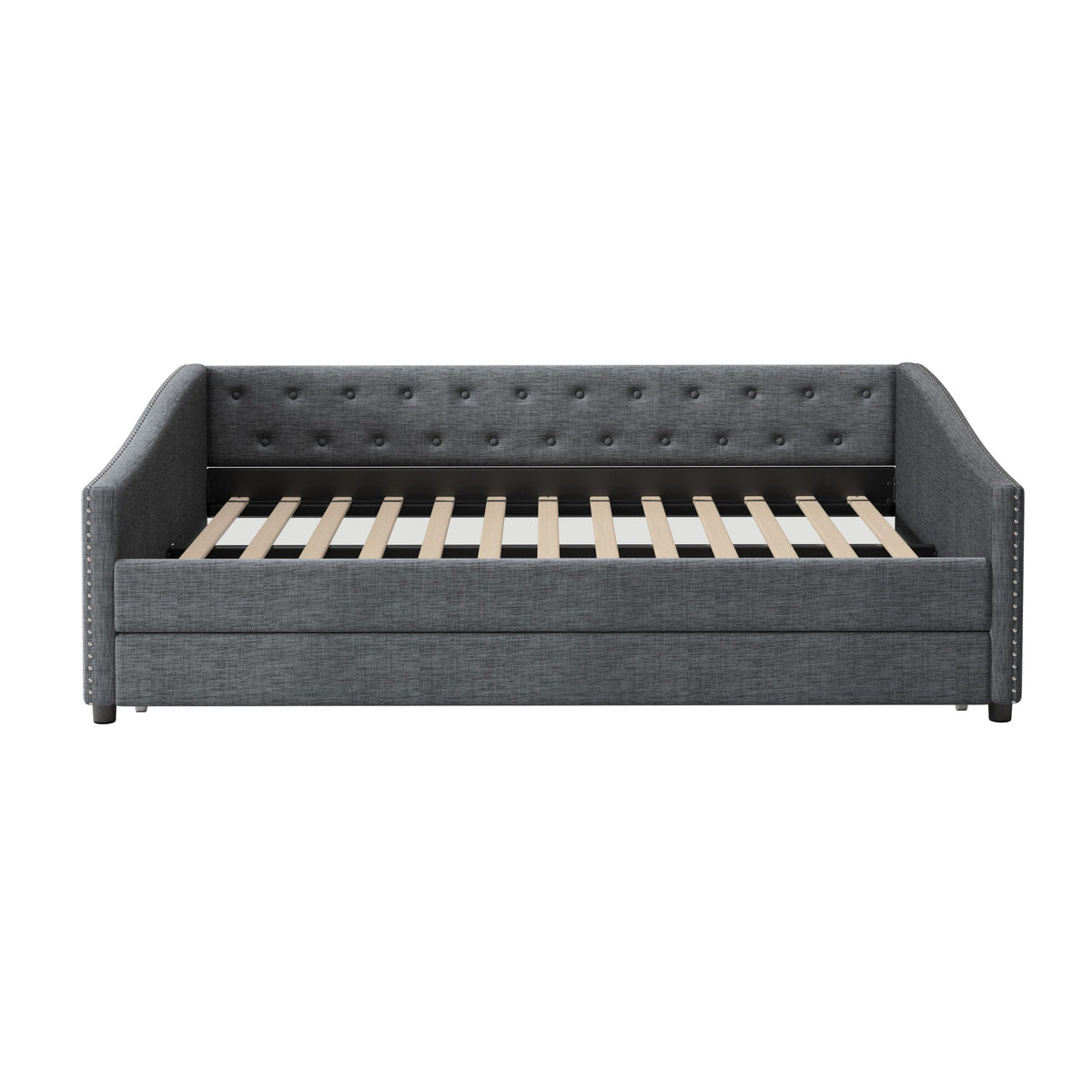 Ball & Cast Full Size Upholstered Tufted Daybed with Twin-Size Trundle, Bed Frame w/Button Tufted Back and Waved Shape Arms,for Bedroom,Guest Room,Apartment,Dark Grey