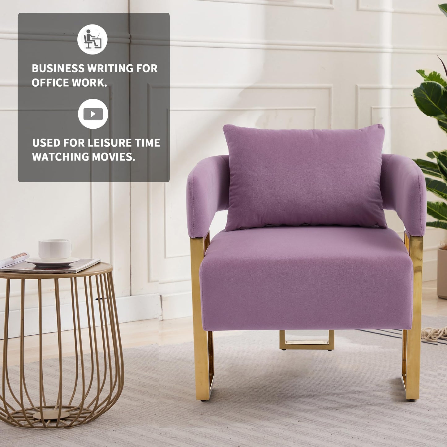 YITAI Modern Accent Chairs no Wheels, Living Room Side Chairs with Golden Metal Legs, Barrel Soft Velvet Upholstered Reading Armchairs for OfficeStudyReception RoomBedroomLounge,Purple Set of 2