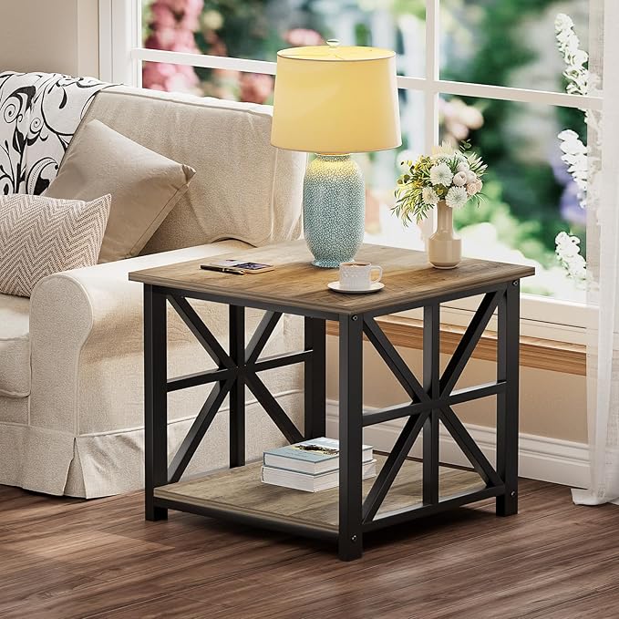 GreenForest End Table with 2-Tier Storage Shelf, 19.7 inch Side Table