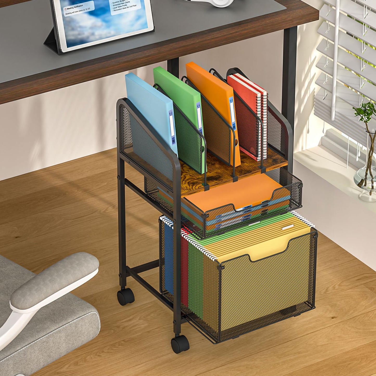 Tiaoheka Rolling File Cabinet with Adjustable Dividers, Mobile Filing Cabinet with 2 Storage Drawers on Lockable Wheels, Hanging File Organizer Beside Under Desk for Office, Home（Patent Pending）