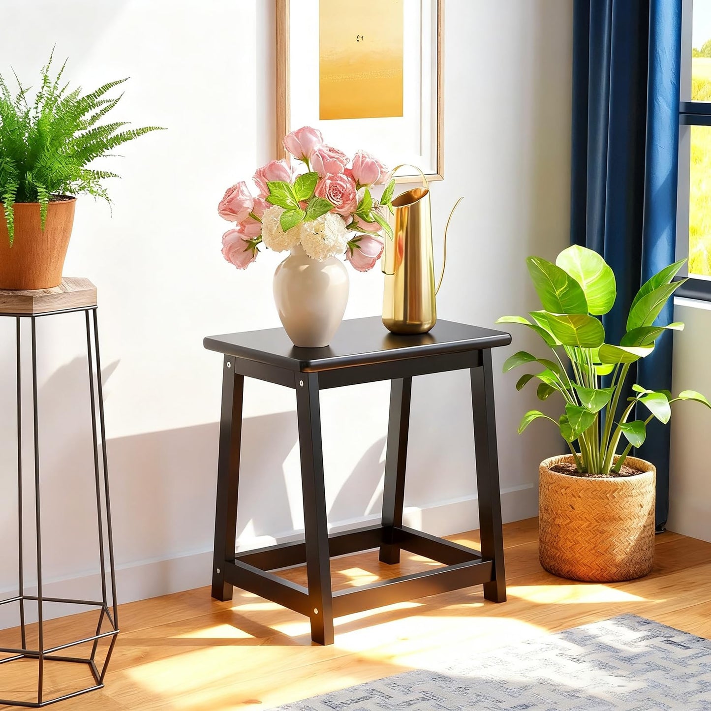 Wooden Step Stool Tall Seat Stool Dining Piano Stool End Side Table Wood Plant Stand Table indoor bedside table Nightstand Flower Pot Stand for Living Room Bathroom Bedroom Kitchen (Black)