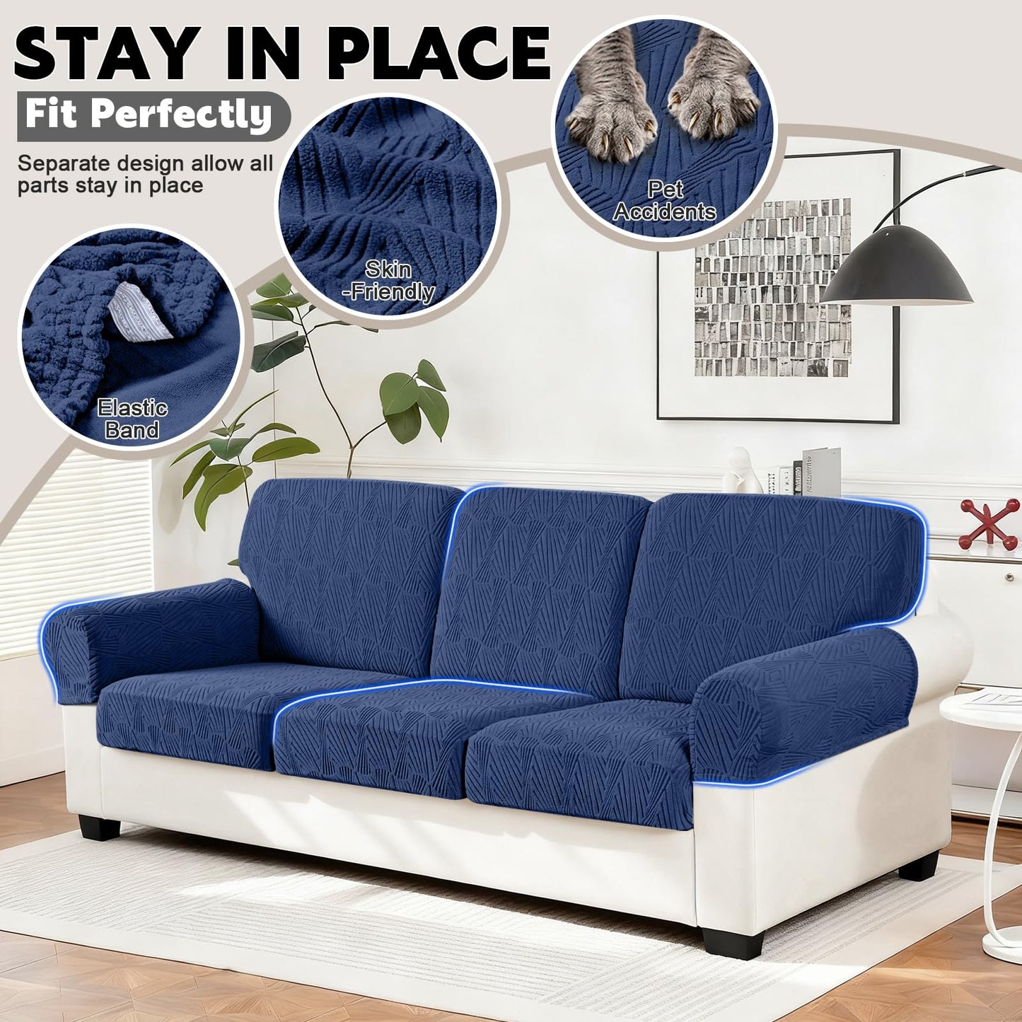 VANSOFY Couch Cushion Covers for Sectional Sofa, Stretch Jacquard Couch Seat Cushion Covers, Individual Washable Furniture Protector Sofa Slipcovers for Pet (3Pc Seater or Back Cover, Dark Blue)