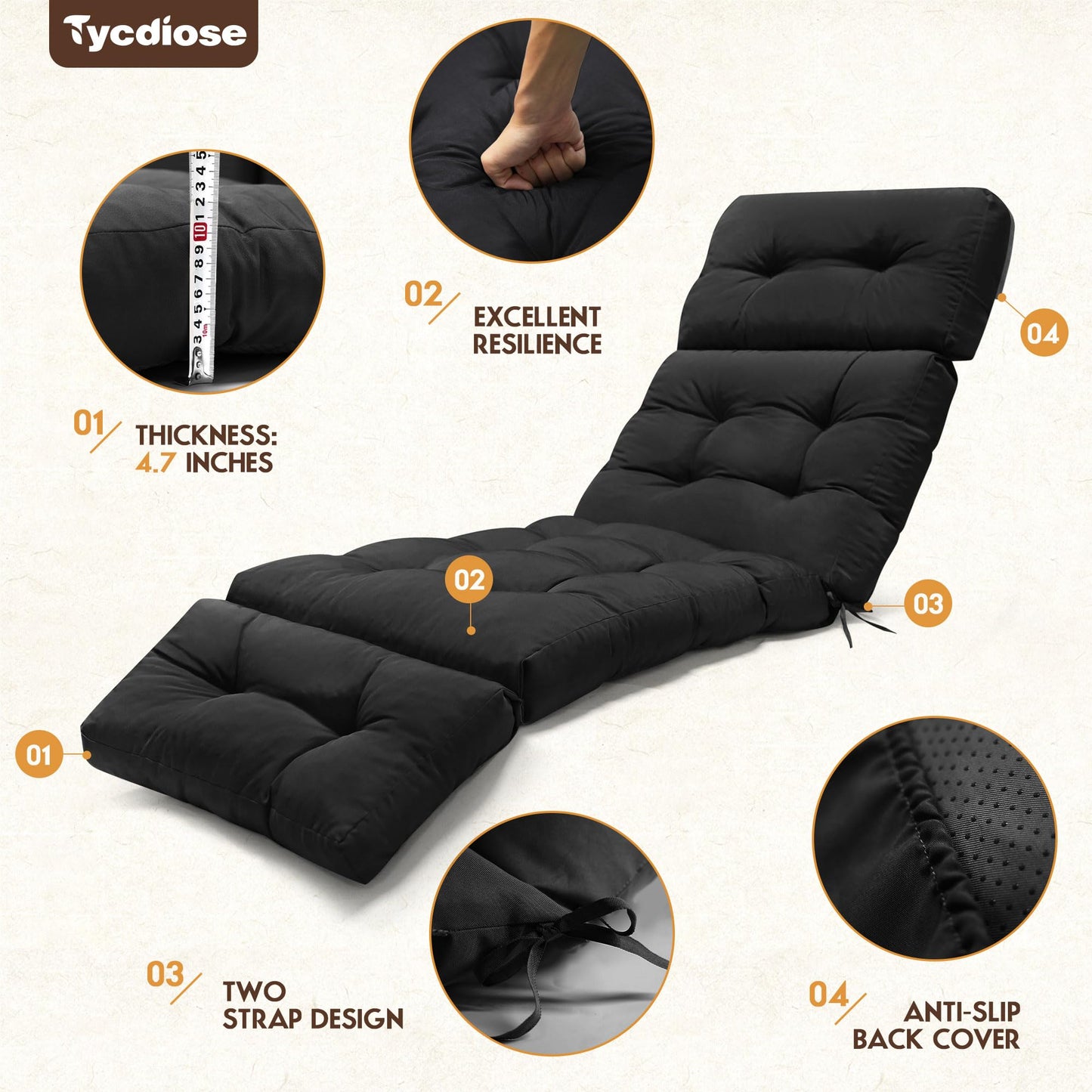 Tycdiose Outdoor Chaise Lounge Chair Cushion Replacement 74.4 x 22 x 4.7 Inches Memory Foam Waterproof Lounge Chair Cushions for Outdoor Furniture with Ties, Thickened Lounge Chair Cushions, Black
