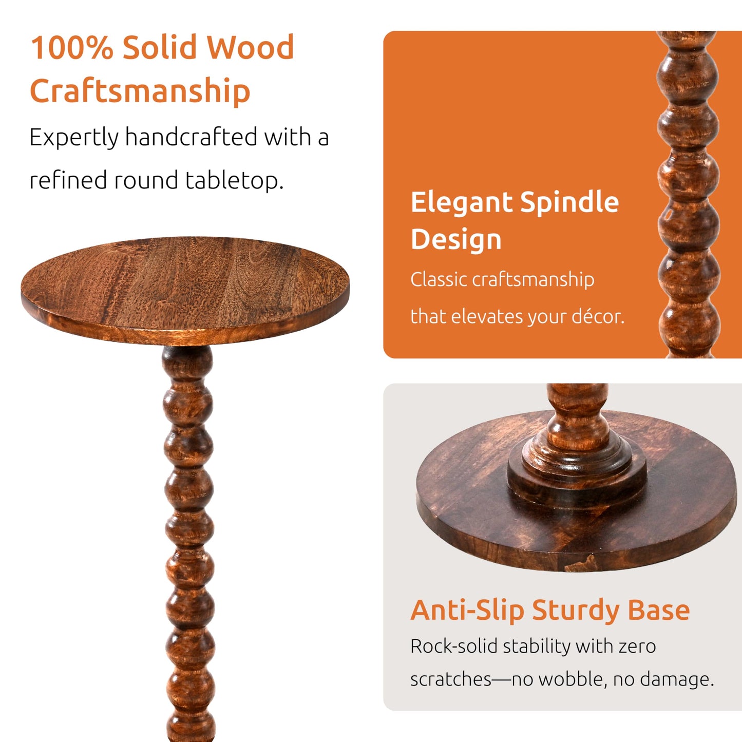 LIVINGNISH Solid Wood Round Side Table for Living Room, Bedroom and Office — Handcrafted End Table, Bedside Nightstand, Accent Table for Small Spaces with Tool-Free Assembly (Rustic Walnut)