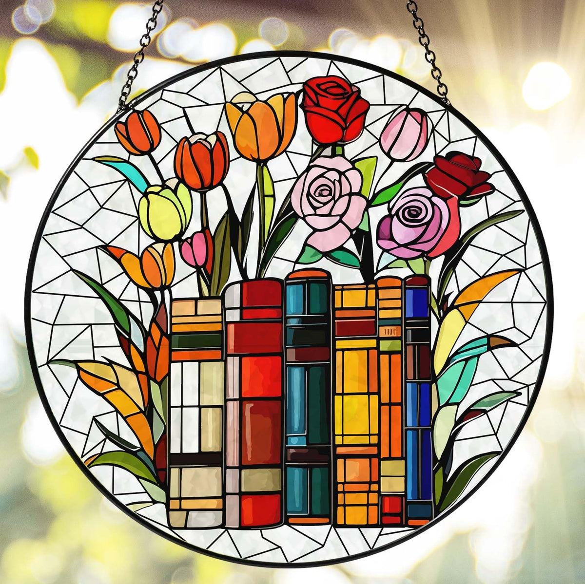 RVEAFA Flower Book Stained Glass Window Hanging 9.8'' Sun Catcher Book Club Lover Gifts for Women Reading Room Decor Handmade SunCatcher Decoration for Garden Home Bookish Library Decor