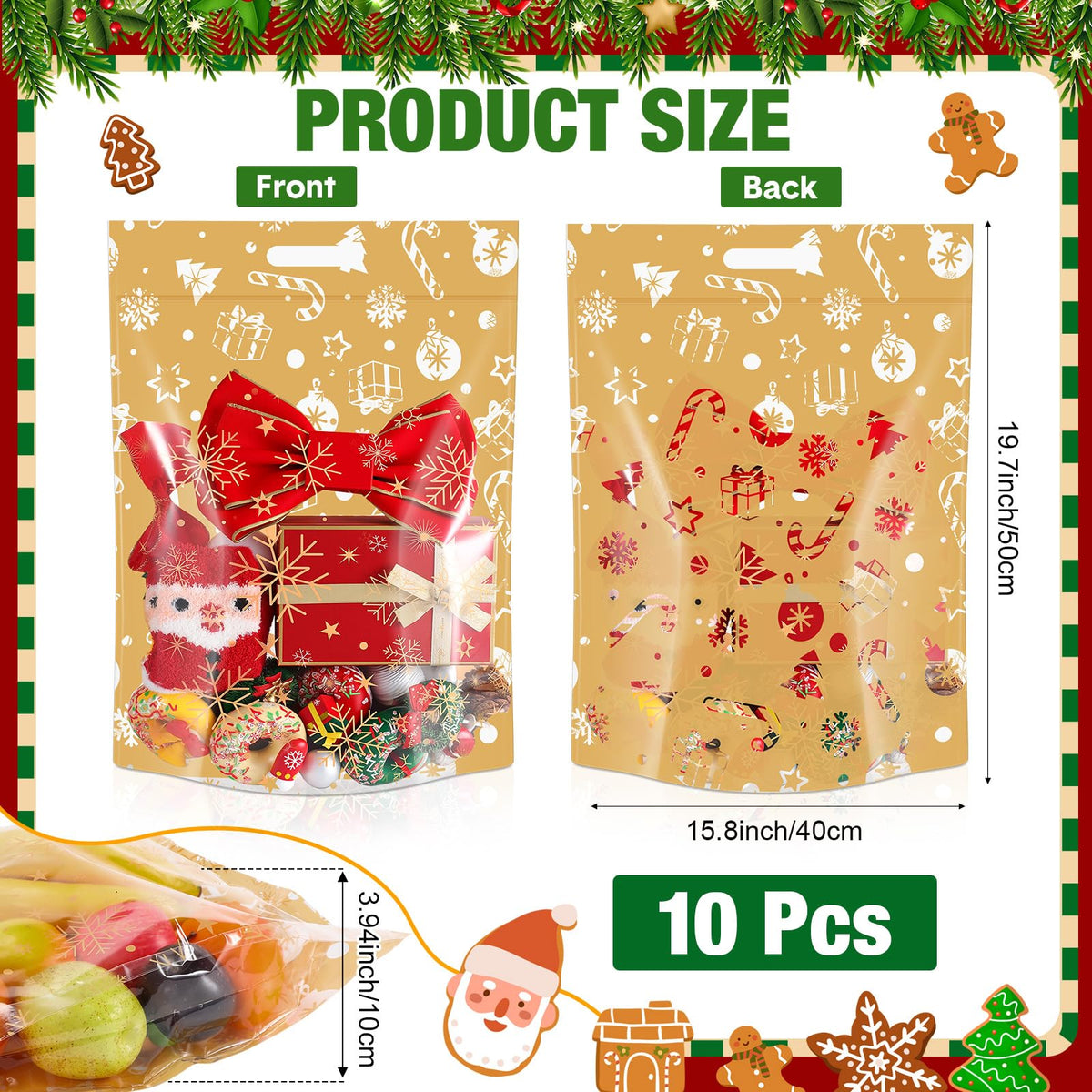 Fuutreo 10 Pcs Large Christmas Gift Bags 15.8x19.7 Inch Clear Christmas Plastic Bags Candy Cane Snowflake Treat Pouches with Handles for Winter Xmas Holiday Gift Candy Wrap Supplies Decoration