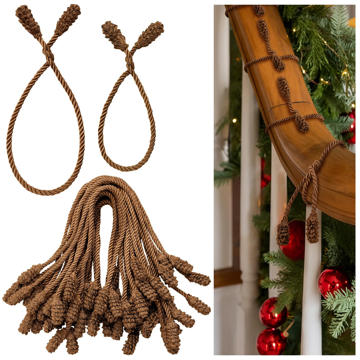 Riakrum 30 Pcs Christmas 20 Inches and 16 Inches Set Decorative Garland Twist Ties Garland Decor for Xmas Holiday Lights Bannisters Stairways Railings (Brown)