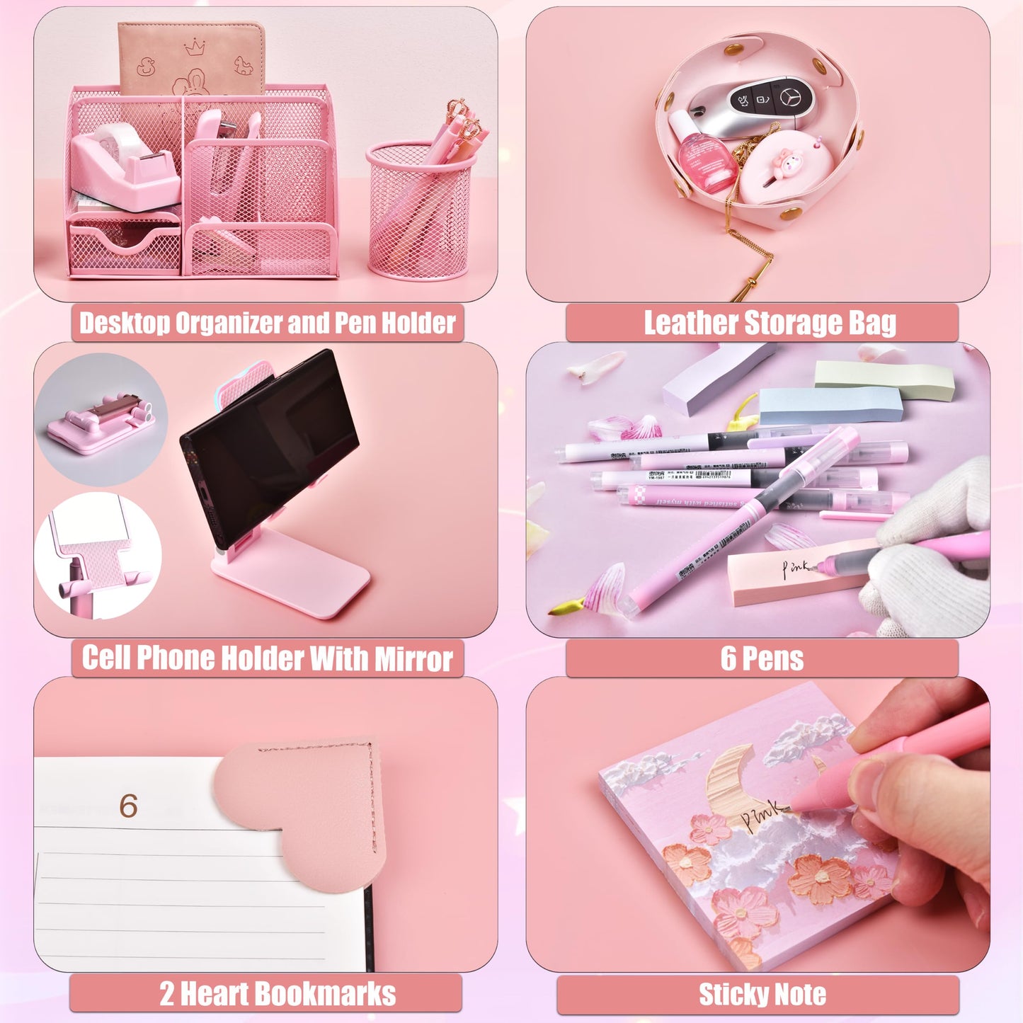 Pink Desk Accessories, 24Pcs Pink Office Supplies and Desk Organizers, with Tape Dispenser, Stapler, Staple Remover, Ect, Gift Box Packaging