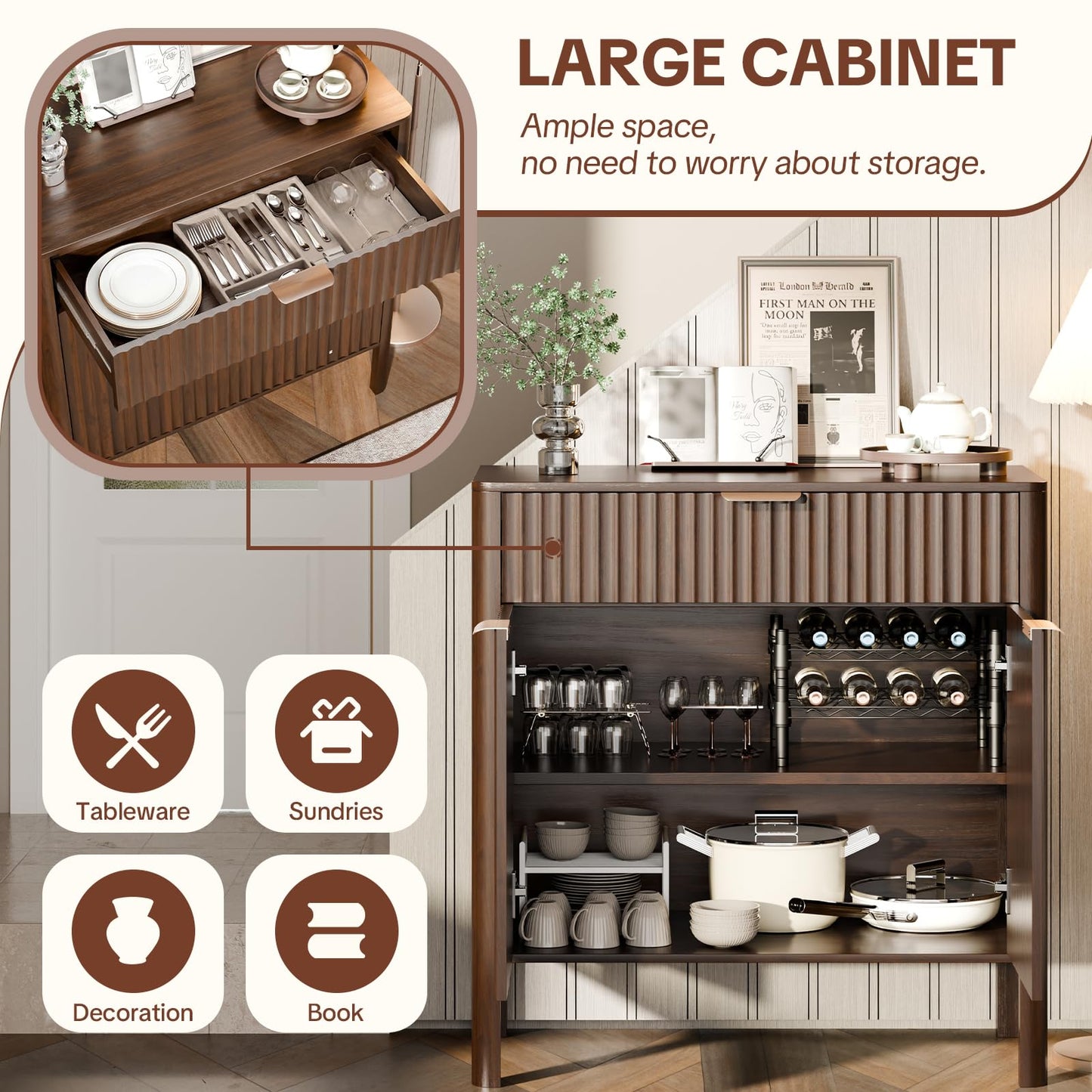 Fluted Buffet Cabinet with Storage - Modern Sideboard Accent Credenza with Doors & Drawer Wood Console Coffee Table Bar Counter for Living Room Kitchen Dining Room Entryway, Easy Assembly 31" Walnut