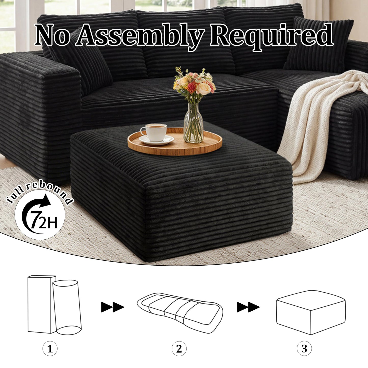 Corduroy Ottoman, Modern Boneless Cloud Foot Rest Foam Support, Oversized Modular Sectional Sofa Stool for Living Room, Bedroom & Small Spaces, No Assembly Required (Black, Ottoman)