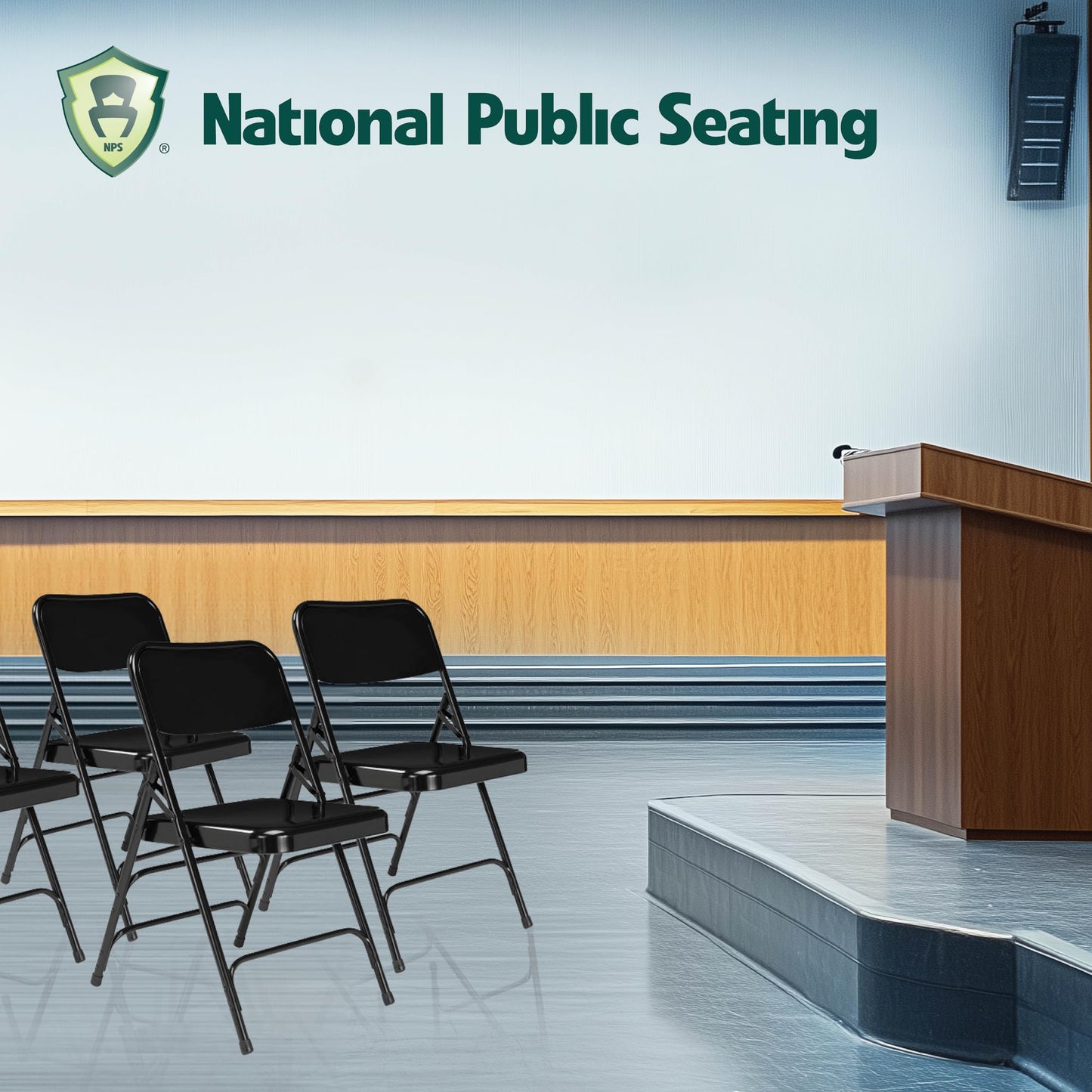National Public Seating 300 Series, Model 310 All Steel Premium Folding Chair with Triple Brace, 480 lbs Capacity, Black (Carton of 4)