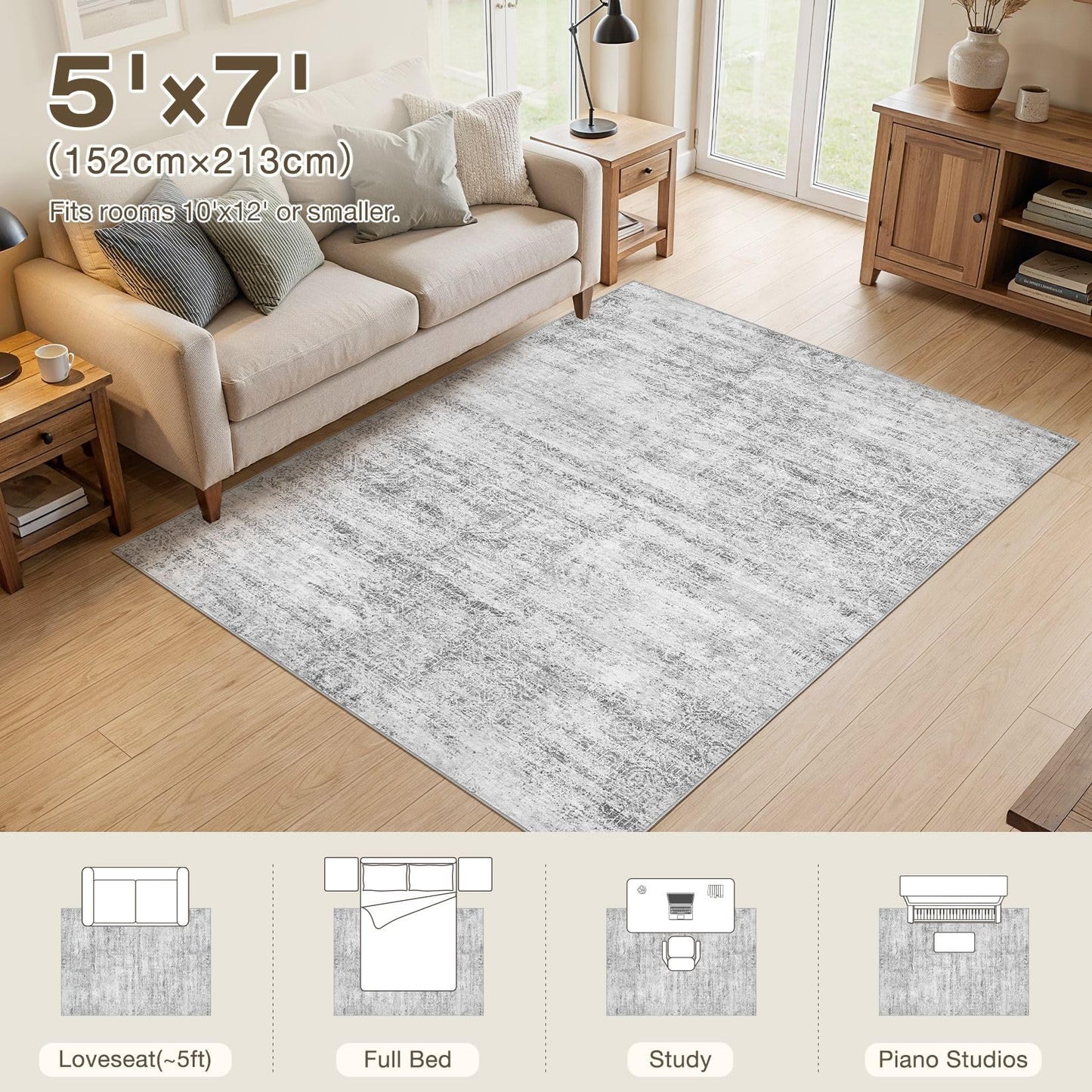 ELLIUNE 5x7 Area Rugs Living Room: Washable Non Slip Soft Abstract Gray Rugs for Bedroom Dining Deor, Low Pile Stain Resistant Indoor Carpet for Farmhouse Nursery Office Kid & Pet Friendly