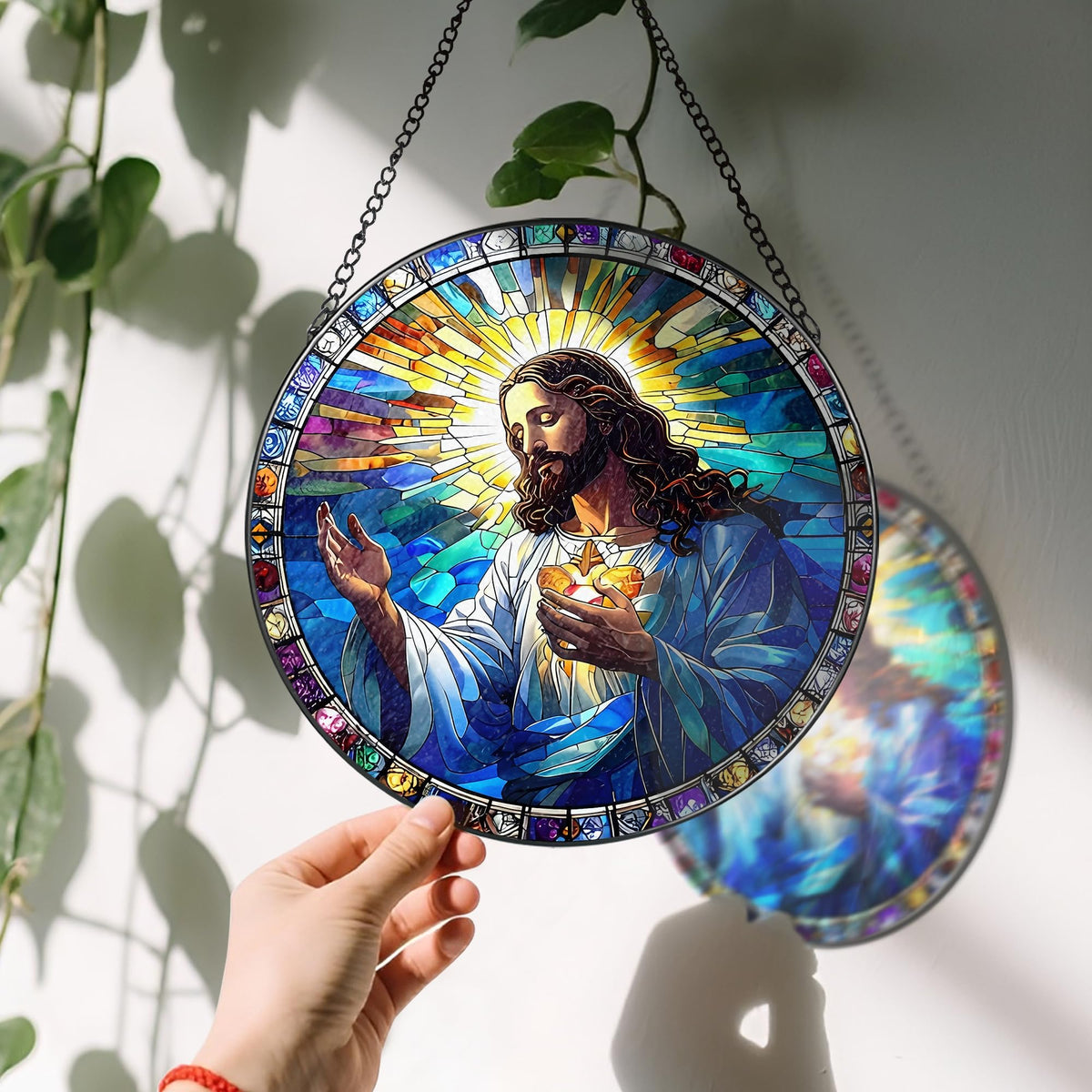 LAOWEIKI 8'' Jesus Christ Suncatcher Ornament, Stained Glass Window Hanging, Christian Home Decor, Religious Decor, Gifts for Christian, Gifts for Christmas, Religious Gift