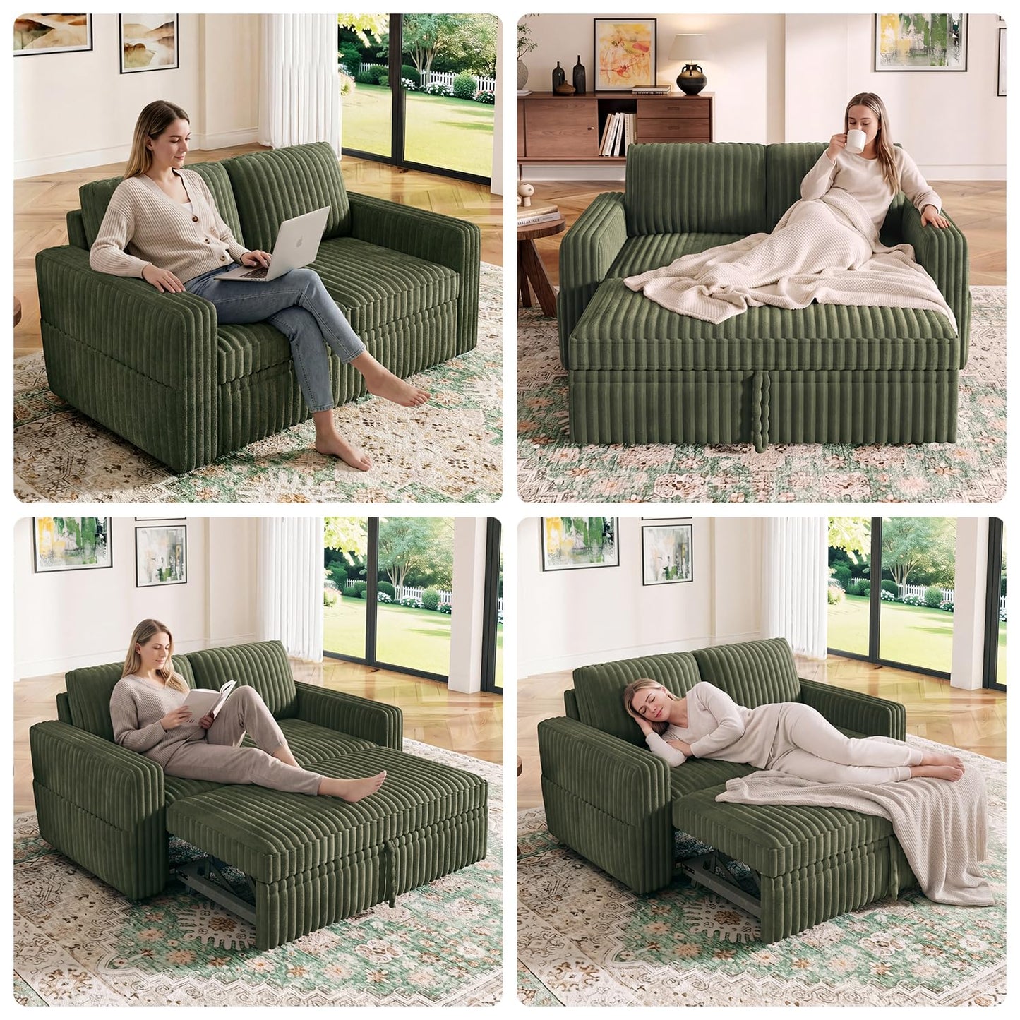 HONBAY Modular Pull Out Sofa Bed,Corduroy Loveseat, Couches for Living Room,Green