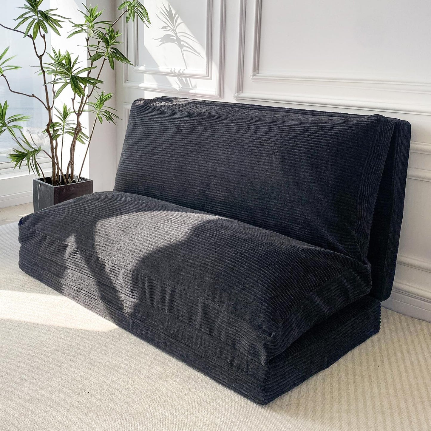 MAXYOYO Folding Sofa Bed, Extra Thick and Long Floor Sofa Convertible Chair with Washable Cover, Floor Couch Lounge Bean Bag Bed for Living Room, Black, 30"x91"