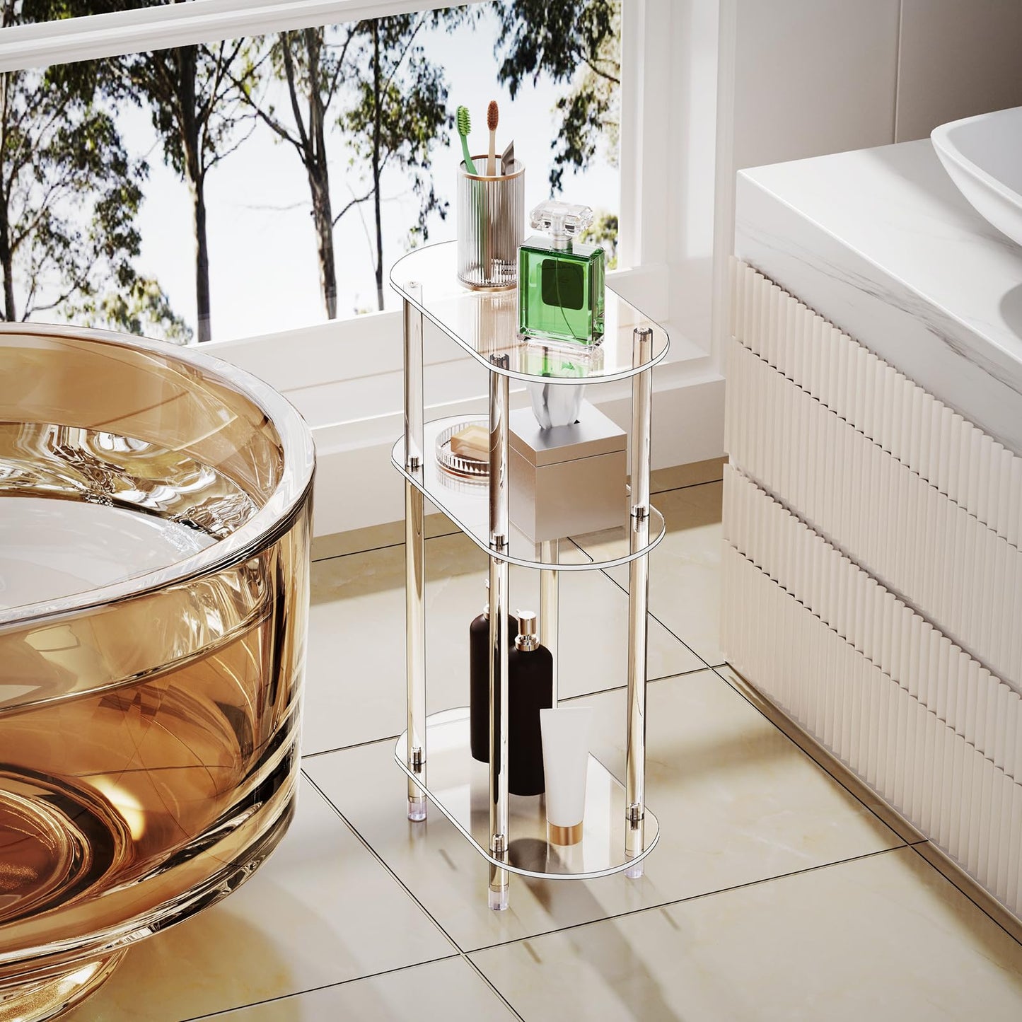 Bkemiy Clear Acrylic Narrow Side Table Set of 2 for Small Spaces, 15.75" L x 7.87" W x 24.6" H, 3 Tier Oval Slim End Table Nightstand, Small Skinny Bedside Table for Bedroom, Bathroom, Living Room