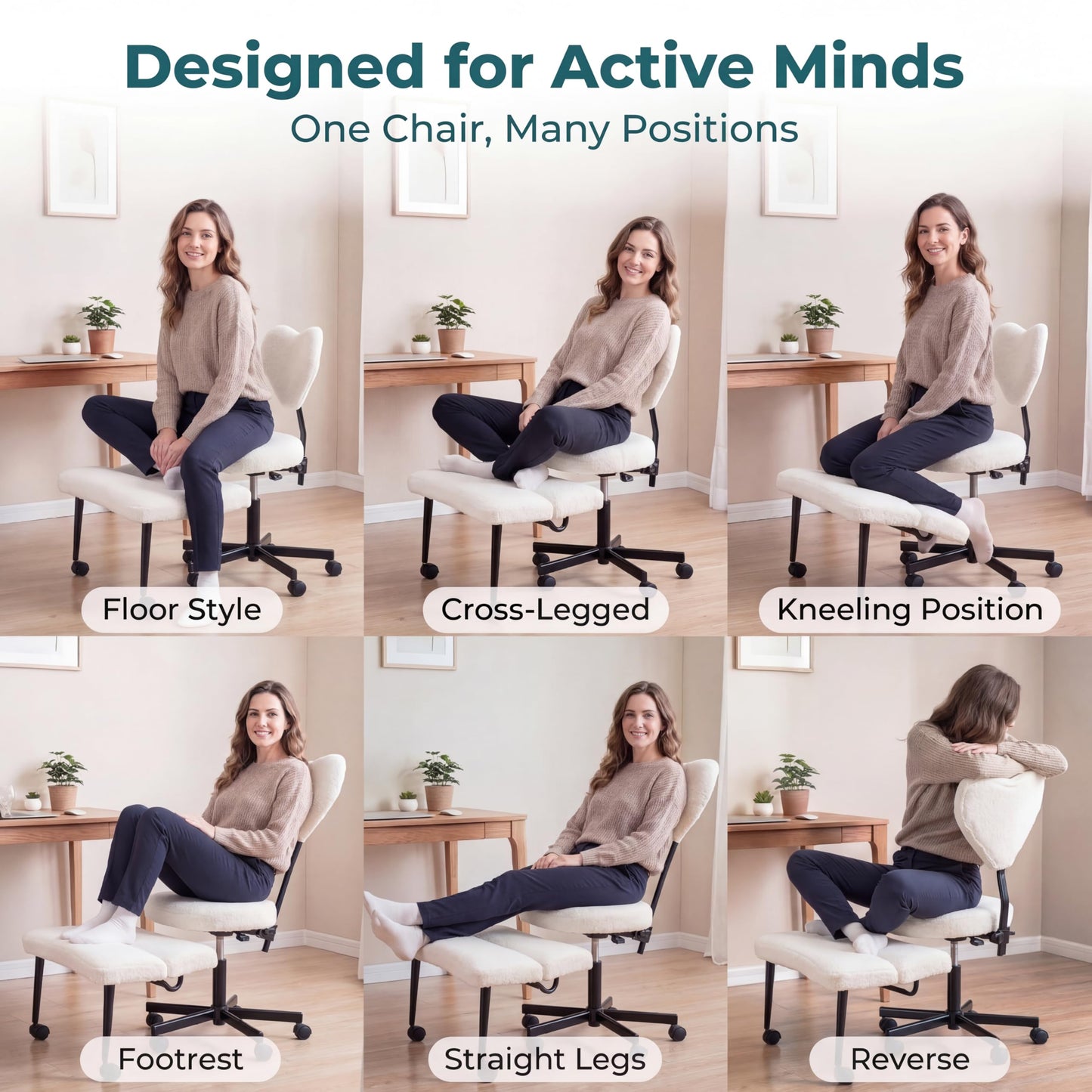 Ergonomic Cross Legged Office Chair with Footrest - Adjustable Crisscross Desk Chair for Kneeling & Sitting Cross-Legged - Swivel Task Chair with Back Support for ADHD & Home Office (White Fleece)