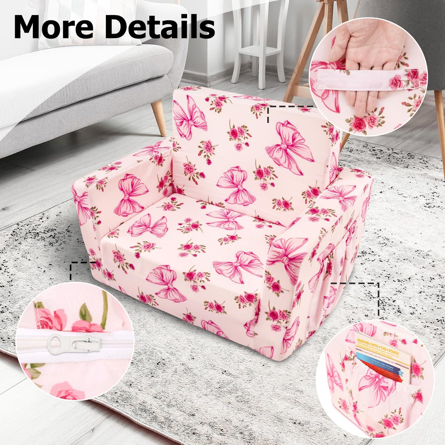 Beavtaens Kids Couch, 2-in-1 Kids Fold Out Couch, Convertible Sofa to Lounger for Girls and Boys, Soft Toddler Chairs Comfy 1-3 Years Old(Pink Bow)