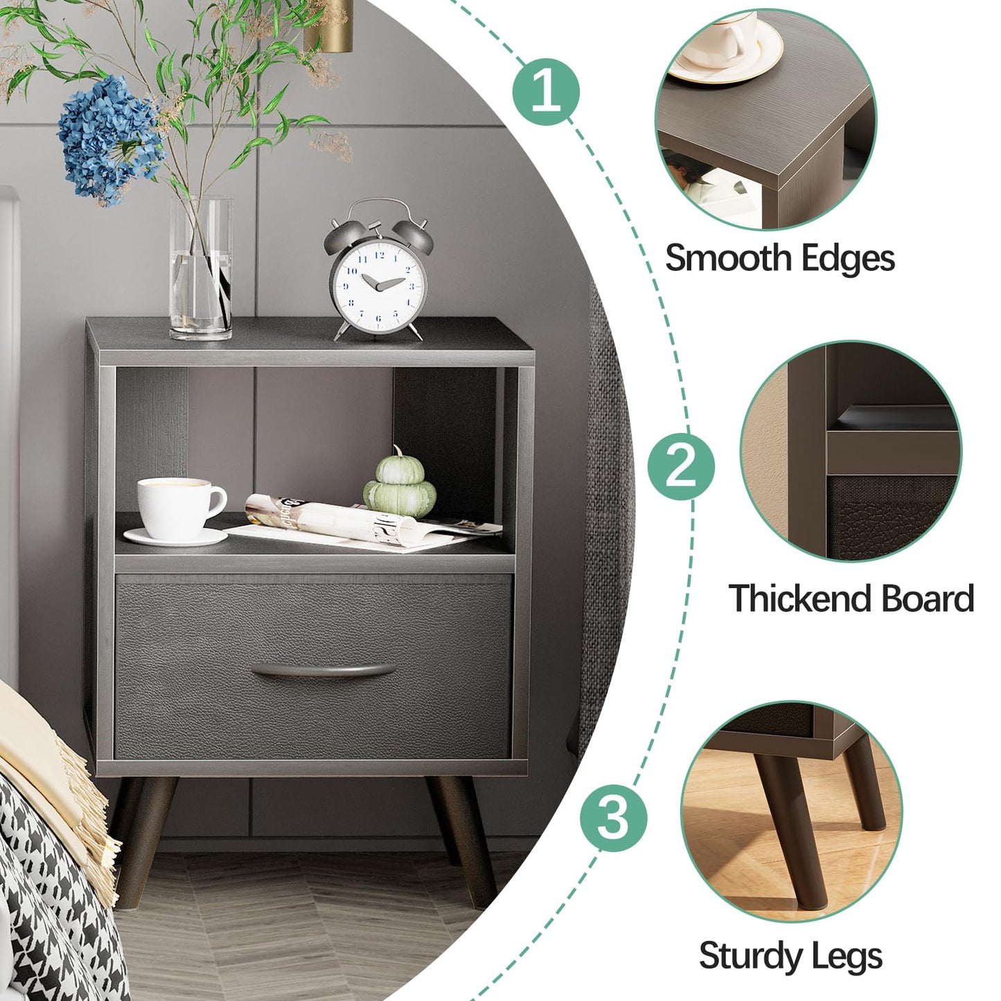 Aenuert Night Stand, Black Nightstand with Drawer, Side Table with Open Storage, 2-Tier Modern End Table, Bedside Table for Small Space, Living Room, Bedroom